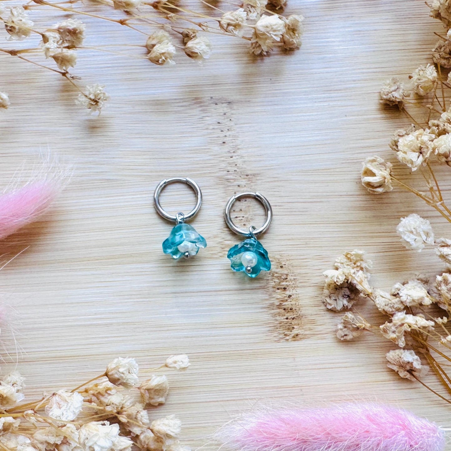 Glass Flower Earrings, Freshwater Pearl Earrings, Huggie Hoop Jewelry, Dainty Earrings, Earrings For Bride, Mothers Day Gift From Husband