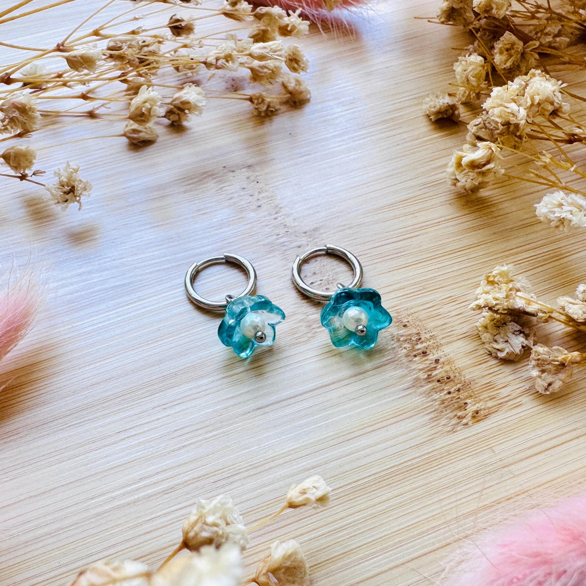 Glass Flower Earrings, Freshwater Pearl Earrings, Huggie Hoop Jewelry, Dainty Earrings, Earrings For Bride, Mothers Day Gift From Husband