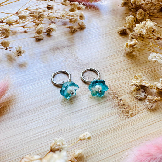 Glass Flower Earrings, Freshwater Pearl Earrings, Huggie Hoop Jewelry, Dainty Earrings, Earrings For Bride, Mothers Day Gift From Husband
