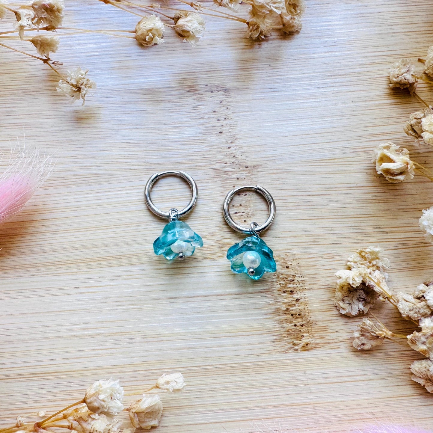 Glass Flower Earrings, Freshwater Pearl Earrings, Huggie Hoop Jewelry, Dainty Earrings, Earrings For Bride, Mothers Day Gift From Husband