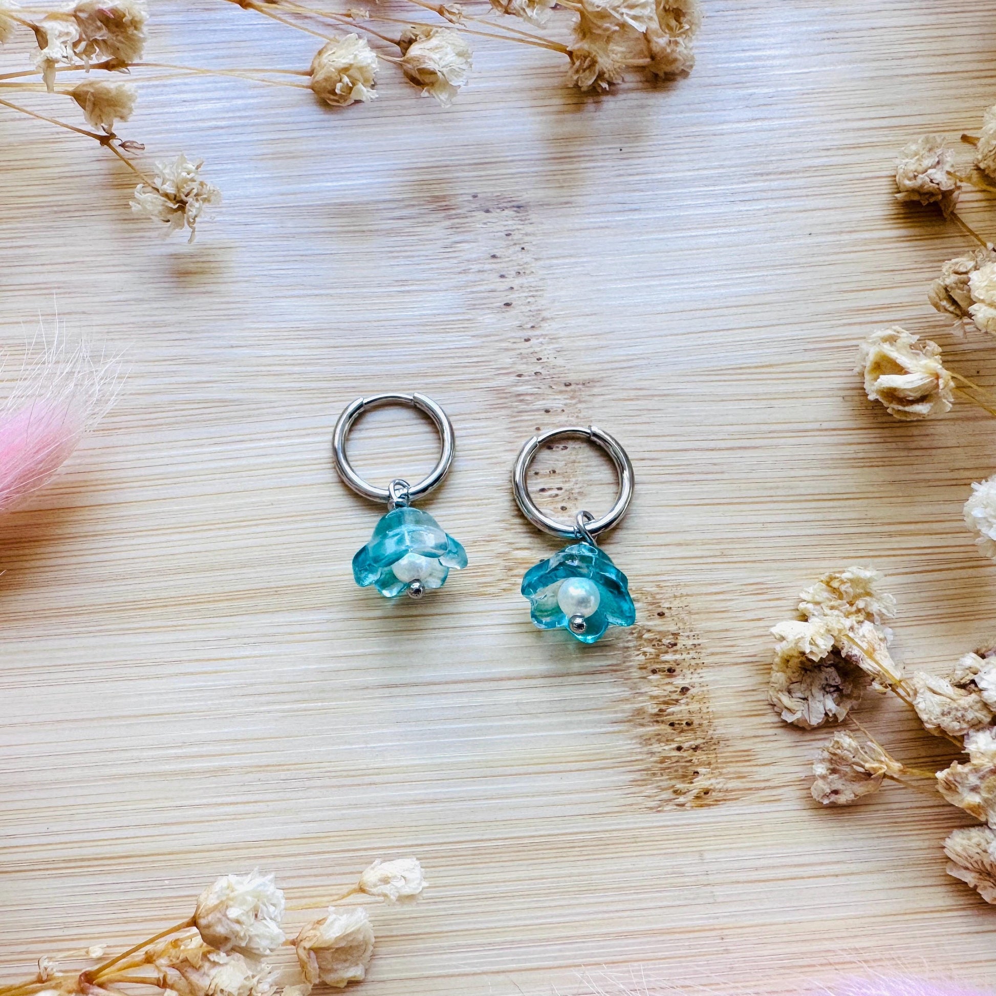 Glass Flower Earrings, Freshwater Pearl Earrings, Huggie Hoop Jewelry, Dainty Earrings, Earrings For Bride, Mothers Day Gift From Husband