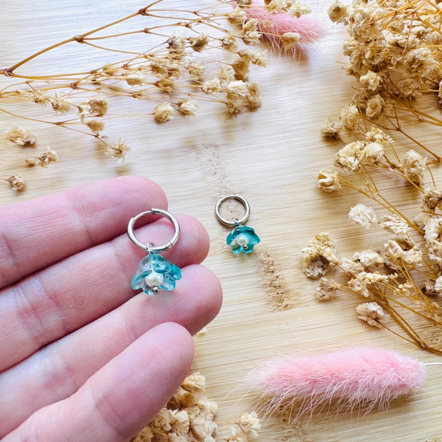 Glass Flower Earrings, Freshwater Pearl Earrings, Huggie Hoop Jewelry, Dainty Earrings, Earrings For Bride, Mothers Day Gift From Husband
