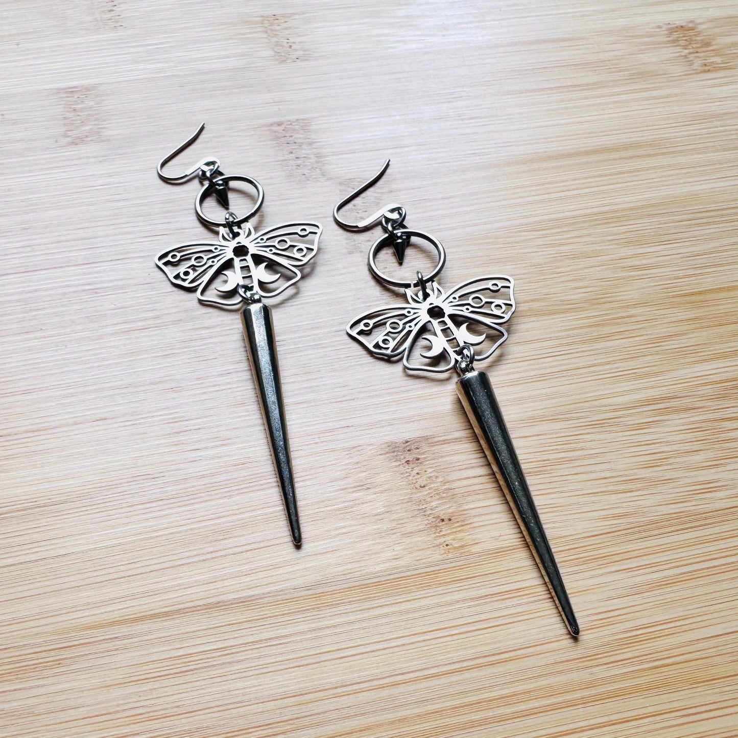 Moth Earrings, Spike Earrings Silver, Goth Jewelry, Witchy Earrings Dangle, Boho Earrings Handmade, Unique Birhday Gift for Best Friend