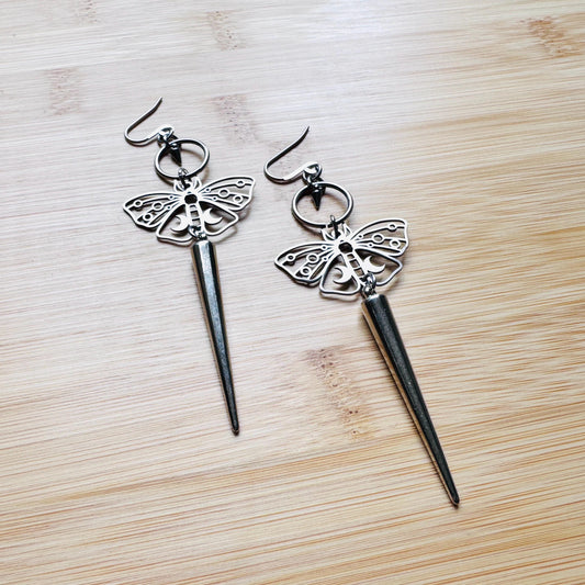 Moth Earrings, Spike Earrings Silver, Goth Jewelry, Witchy Earrings Dangle, Boho Earrings Handmade, Unique Birhday Gift for Best Friend