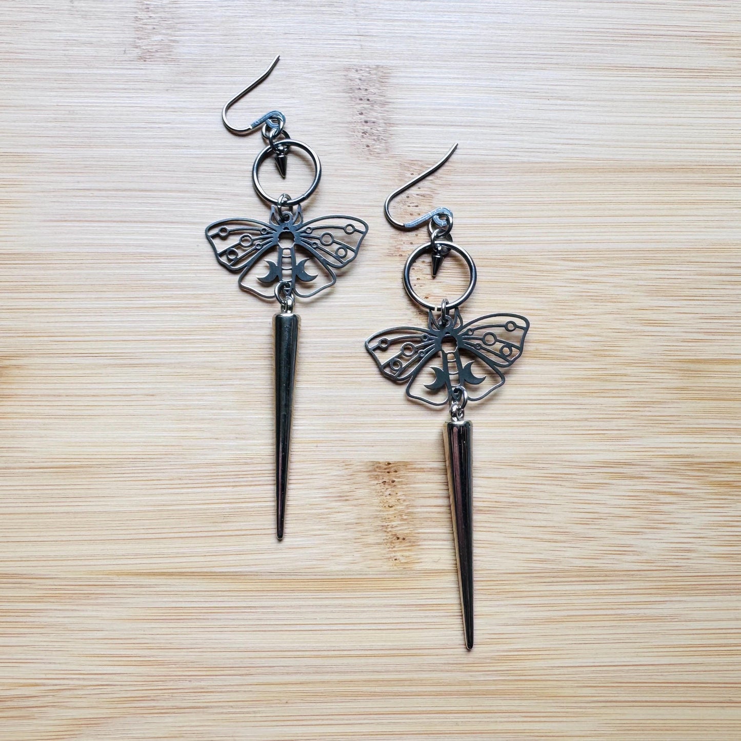 Moth Earrings, Spike Earrings Silver, Goth Jewelry, Witchy Earrings Dangle, Boho Earrings Handmade, Unique Birhday Gift for Best Friend