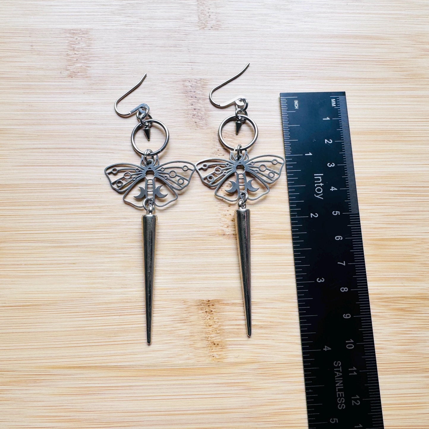 Moth Earrings, Spike Earrings Silver, Goth Jewelry, Witchy Earrings Dangle, Boho Earrings Handmade, Unique Birhday Gift for Best Friend