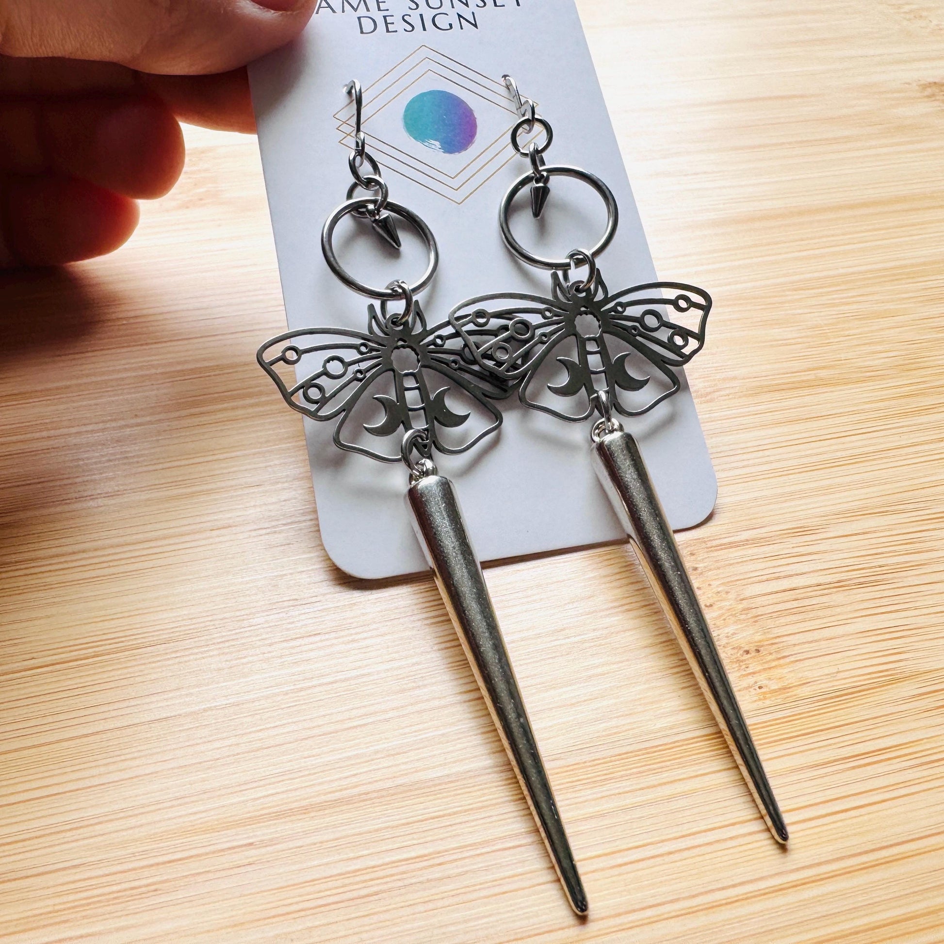 Moth Earrings, Spike Earrings Silver, Goth Jewelry, Witchy Earrings Dangle, Boho Earrings Handmade, Unique Birhday Gift for Best Friend