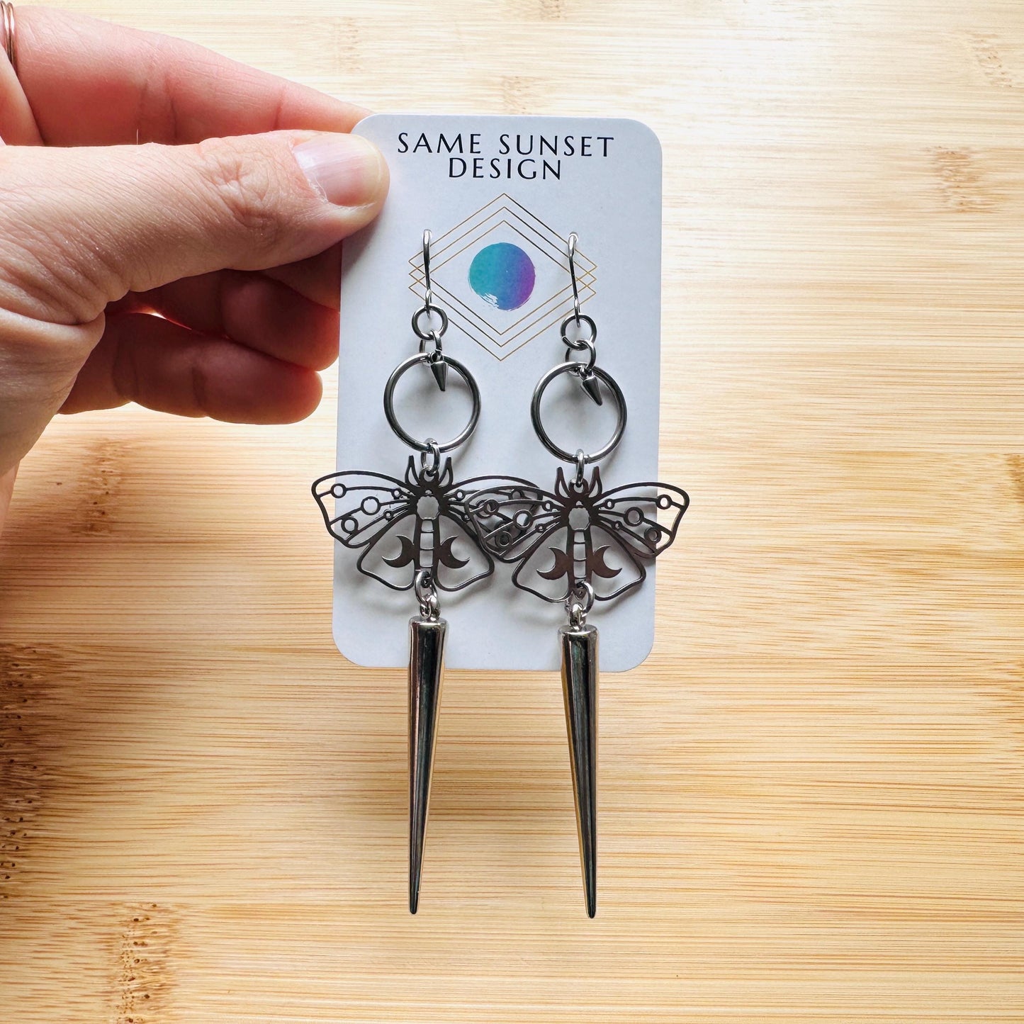 Moth Earrings, Spike Earrings Silver, Goth Jewelry, Witchy Earrings Dangle, Boho Earrings Handmade, Unique Birhday Gift for Best Friend