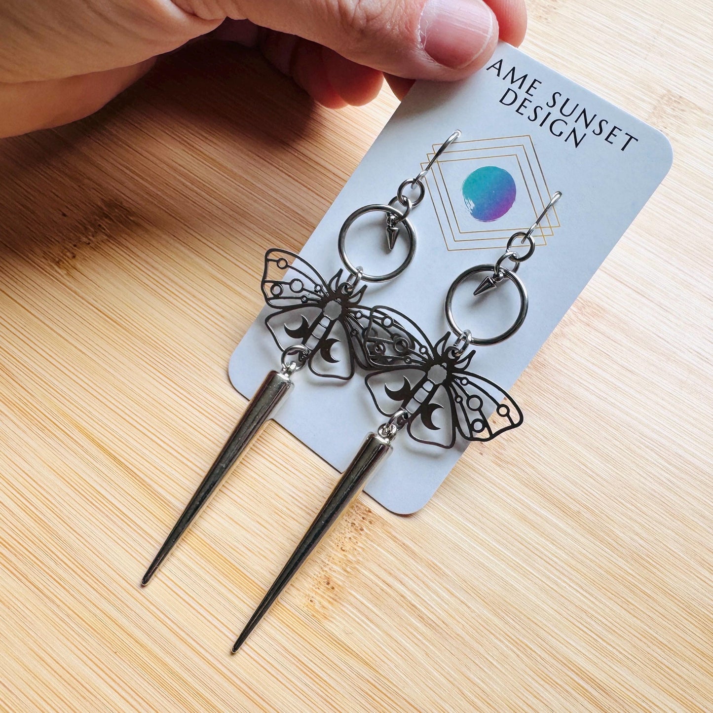 Moth Earrings, Spike Earrings Silver, Goth Jewelry, Witchy Earrings Dangle, Boho Earrings Handmade, Unique Birhday Gift for Best Friend