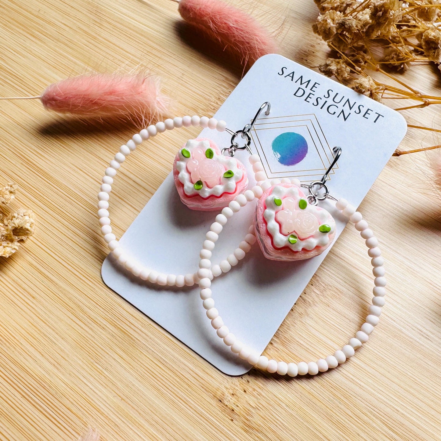 Cake Earrings Pink, Beaded Hoop Earrings, Cottagecore Jewelry, Kawaii Earrings, Food Earring Cute, Unique Birthday Gift for Best Friend