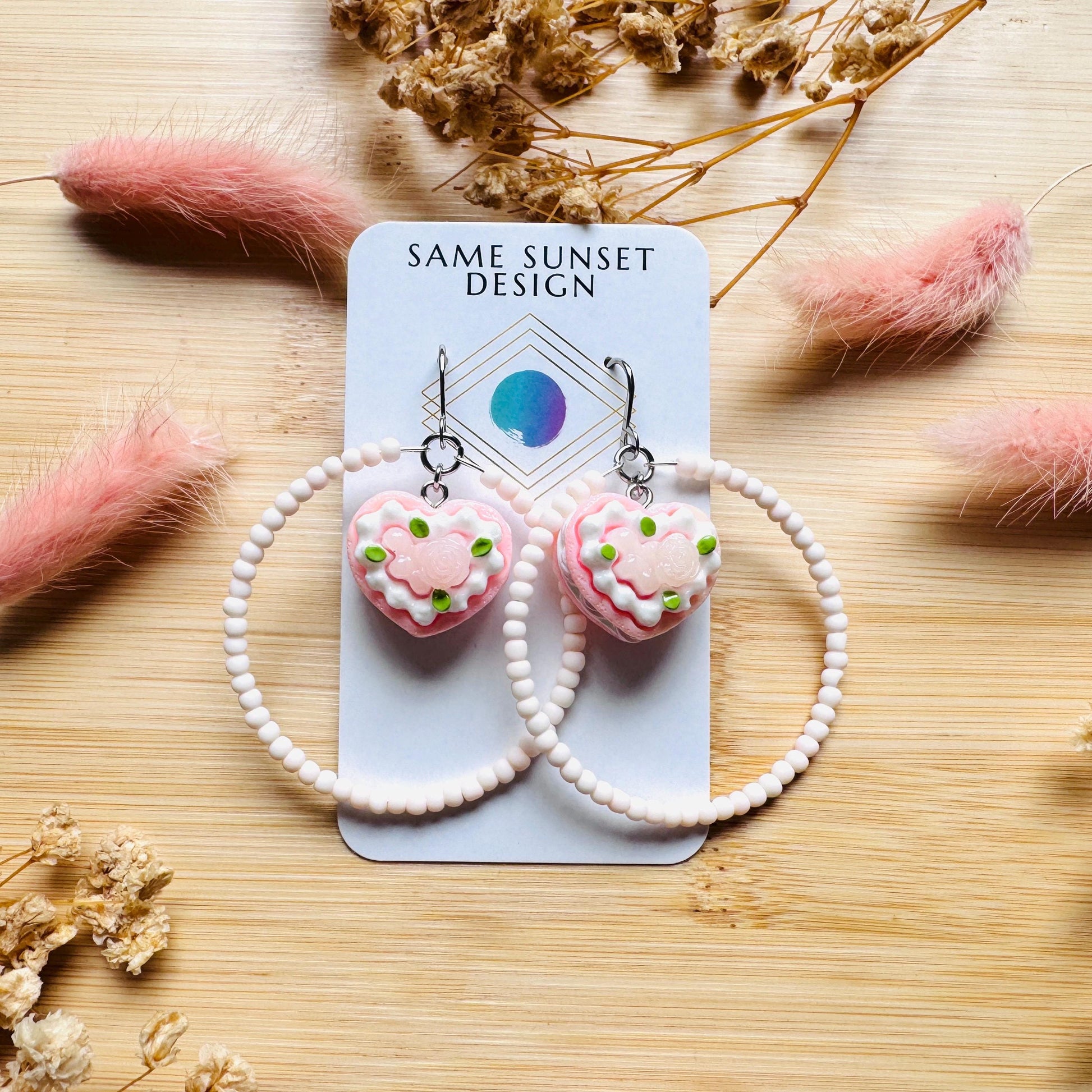 Cake Earrings Pink, Beaded Hoop Earrings, Cottagecore Jewelry, Kawaii Earrings, Food Earring Cute, Unique Birthday Gift for Best Friend