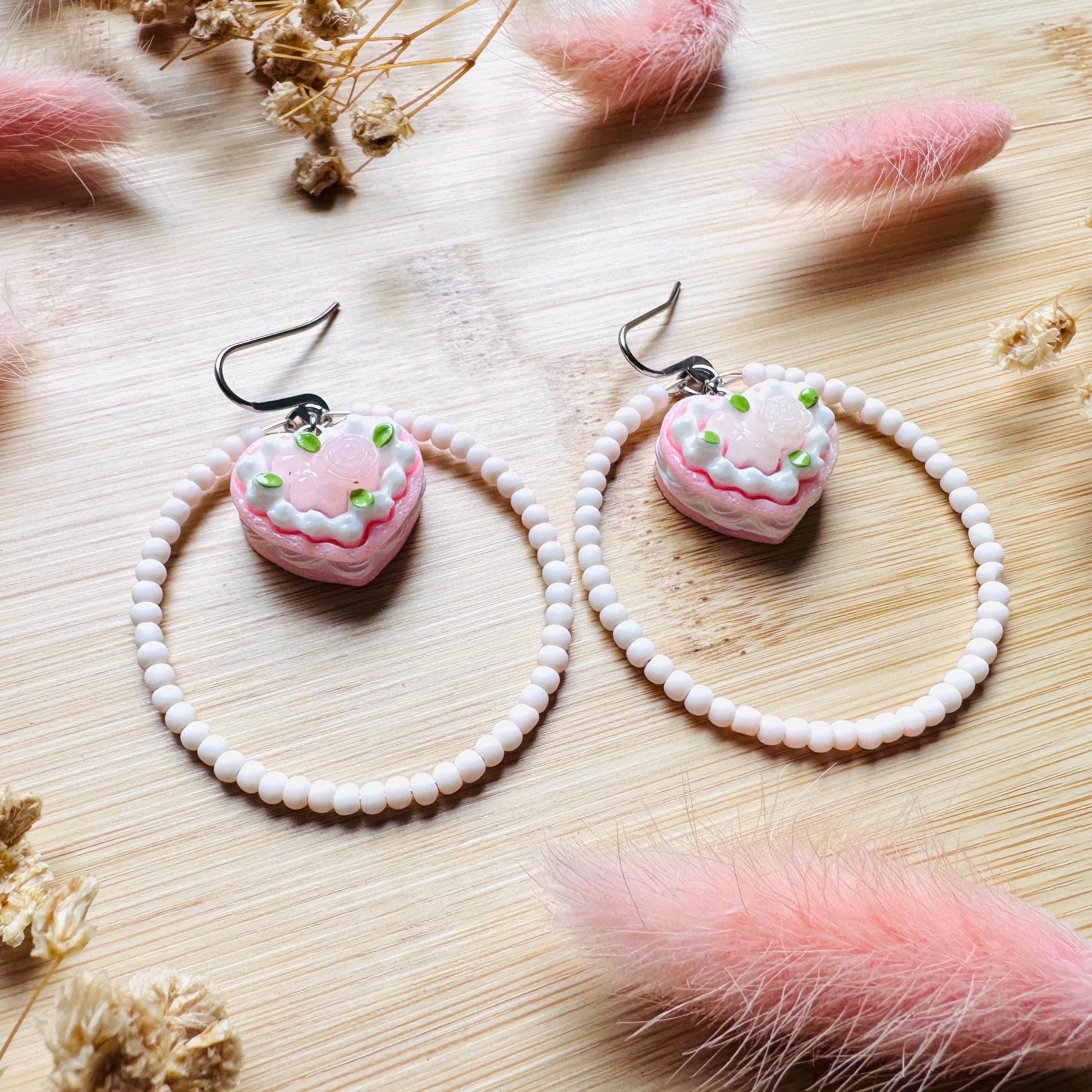 Cake Earrings Pink, Beaded Hoop Earrings, Cottagecore Jewelry, Kawaii Earrings, Food Earring Cute, Unique Birthday Gift for Best Friend
