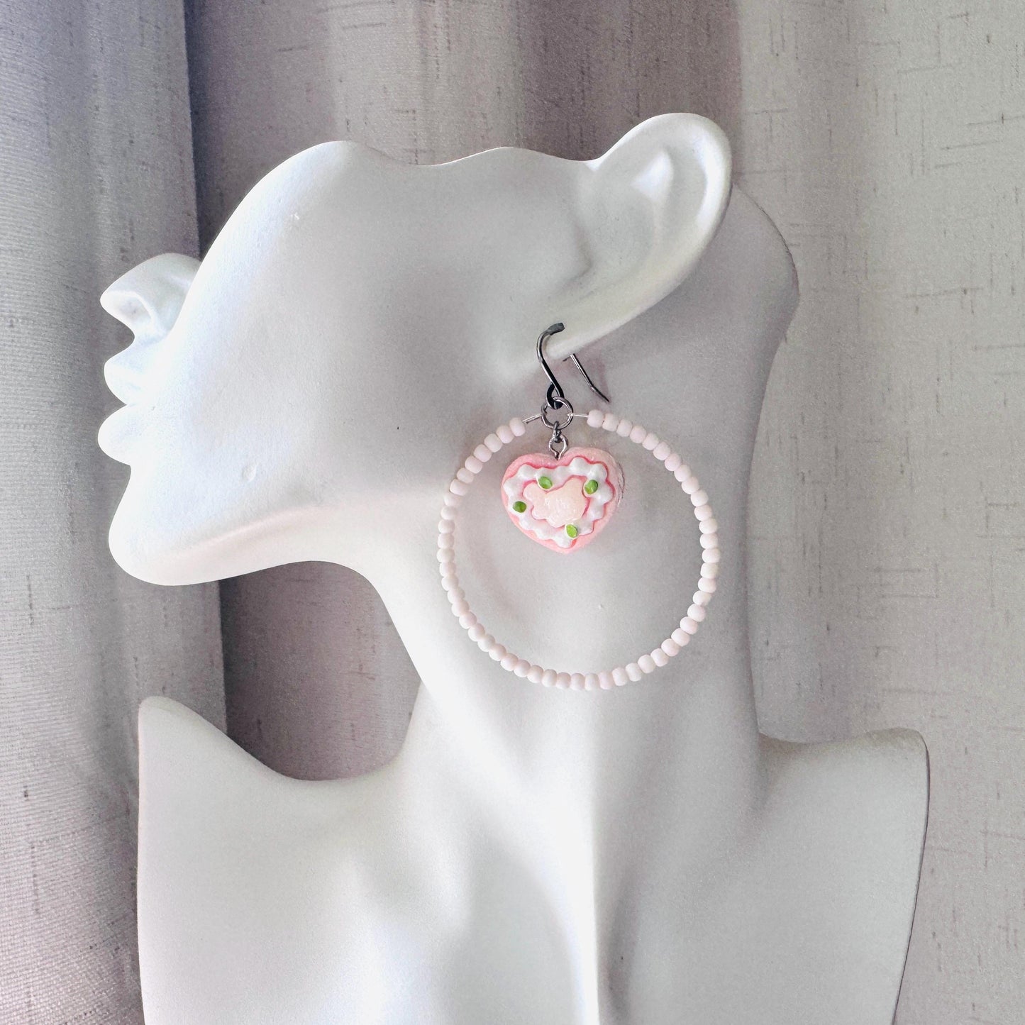 Cake Earrings Pink, Beaded Hoop Earrings, Cottagecore Jewelry, Kawaii Earrings, Food Earring Cute, Unique Birthday Gift for Best Friend
