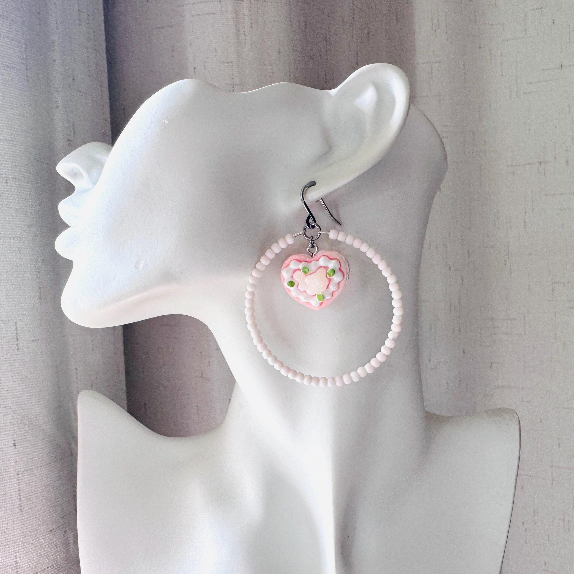 Cake Earrings Pink, Beaded Hoop Earrings, Cottagecore Jewelry, Kawaii Earrings, Food Earring Cute, Unique Birthday Gift for Best Friend