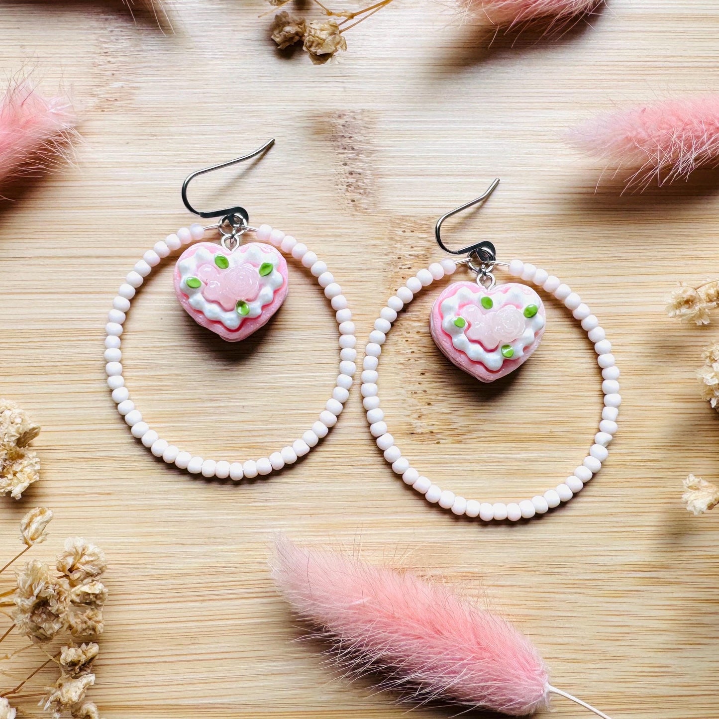 Cake Earrings Pink, Beaded Hoop Earrings, Cottagecore Jewelry, Kawaii Earrings, Food Earring Cute, Unique Birthday Gift for Best Friend