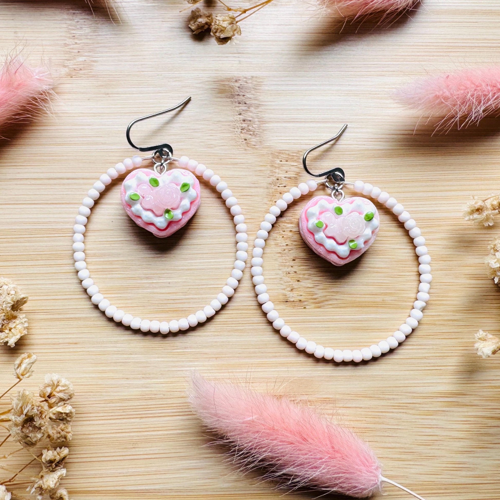 Cake Earrings Pink, Beaded Hoop Earrings, Cottagecore Jewelry, Kawaii Earrings, Food Earring Cute, Unique Birthday Gift for Best Friend