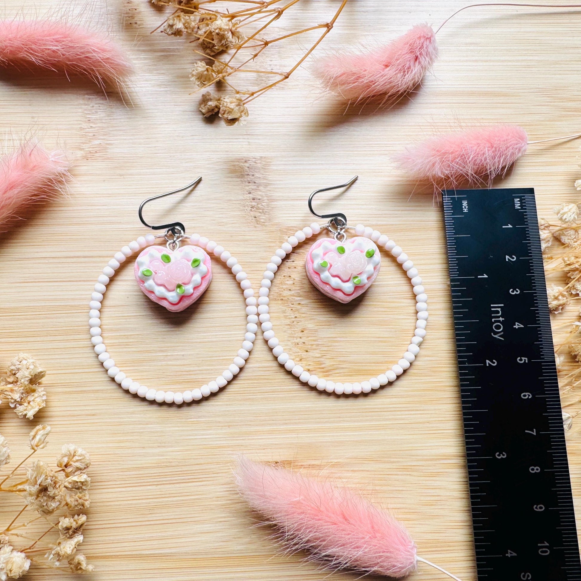 Cake Earrings Pink, Beaded Hoop Earrings, Cottagecore Jewelry, Kawaii Earrings, Food Earring Cute, Unique Birthday Gift for Best Friend
