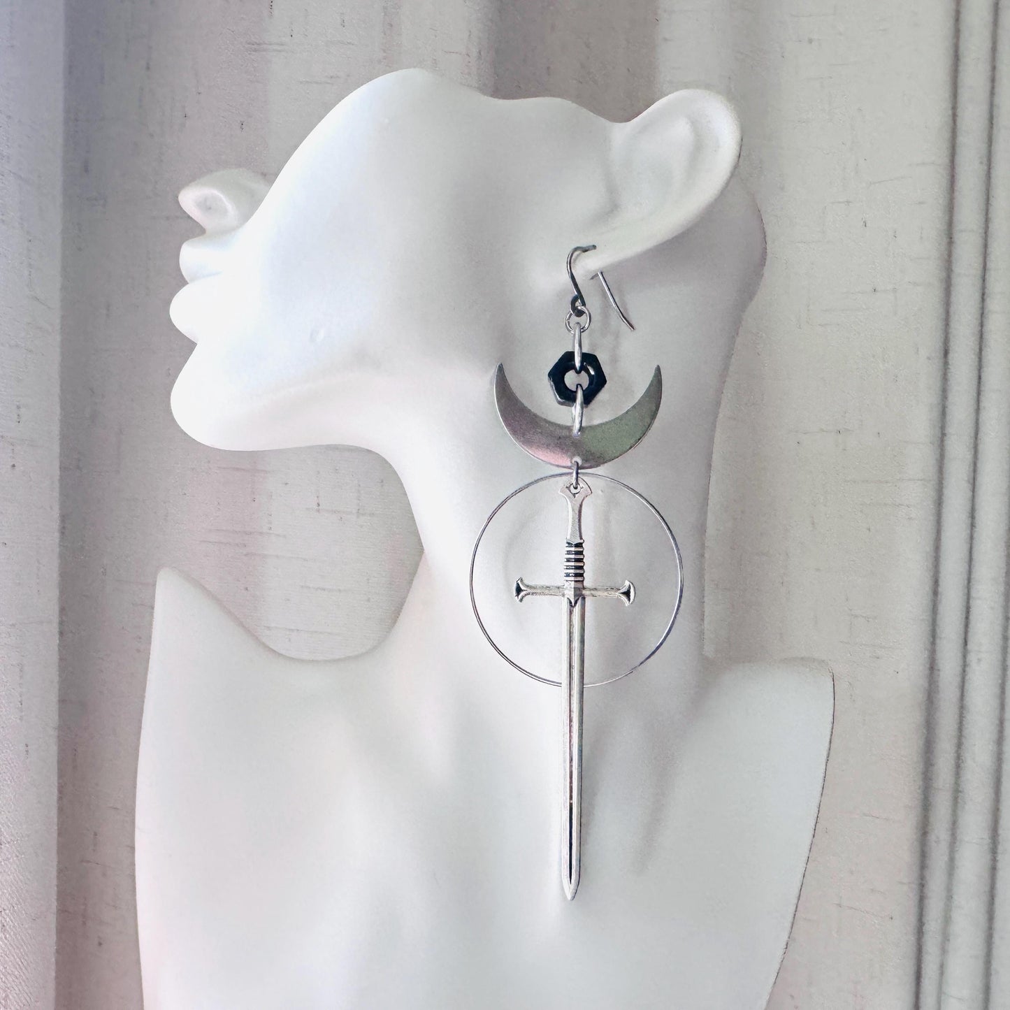 Sword Earrings, Goth Earrings, Moon Earrings Dangle, Punk Earrings, Silver Hoop Earrings, Whimsigoth Earrings, Industrial Earrings