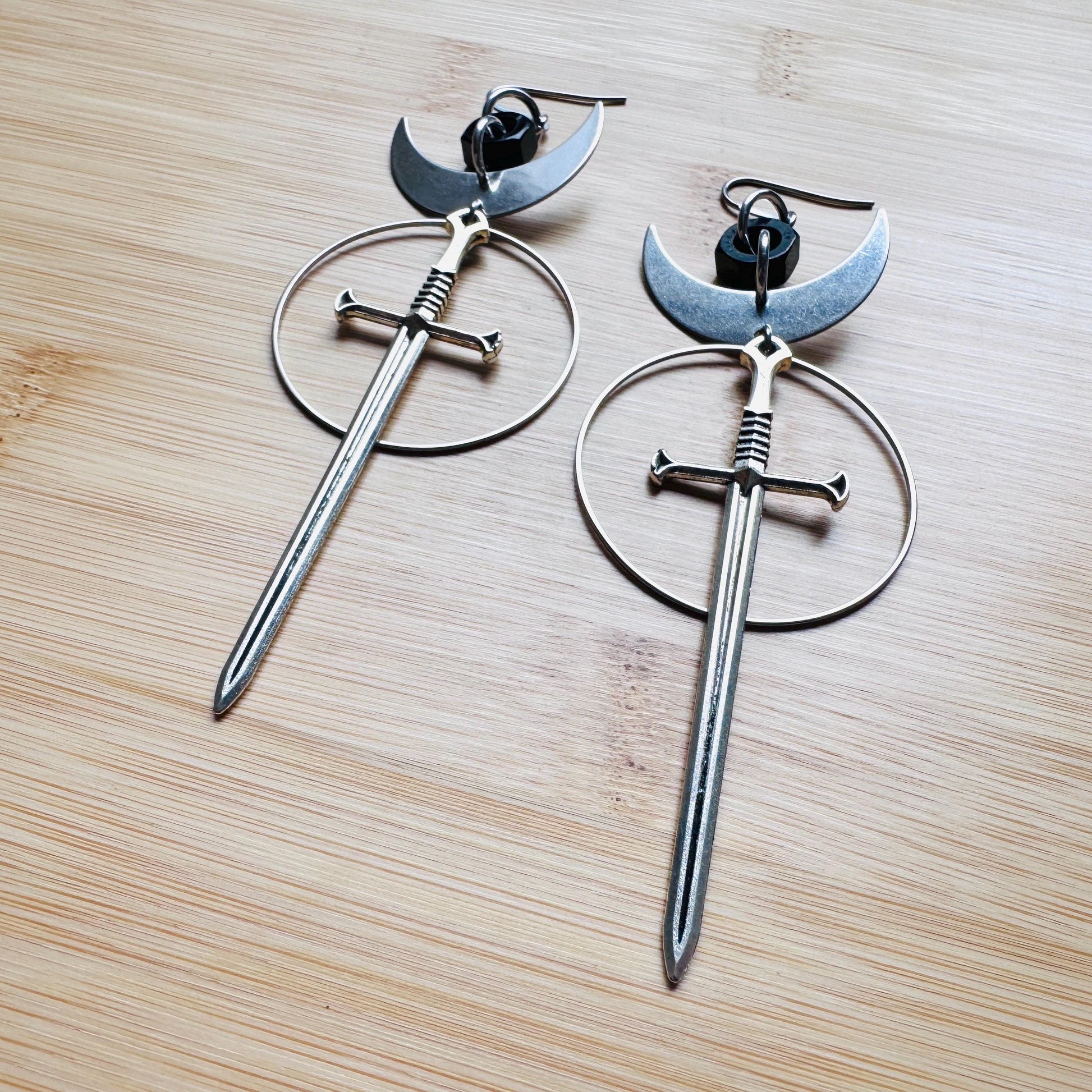 Sword Earrings, Goth Earrings, Moon Earrings Dangle, Punk Earrings, Silver Hoop Earrings, Whimsigoth Earrings, Industrial Earrings