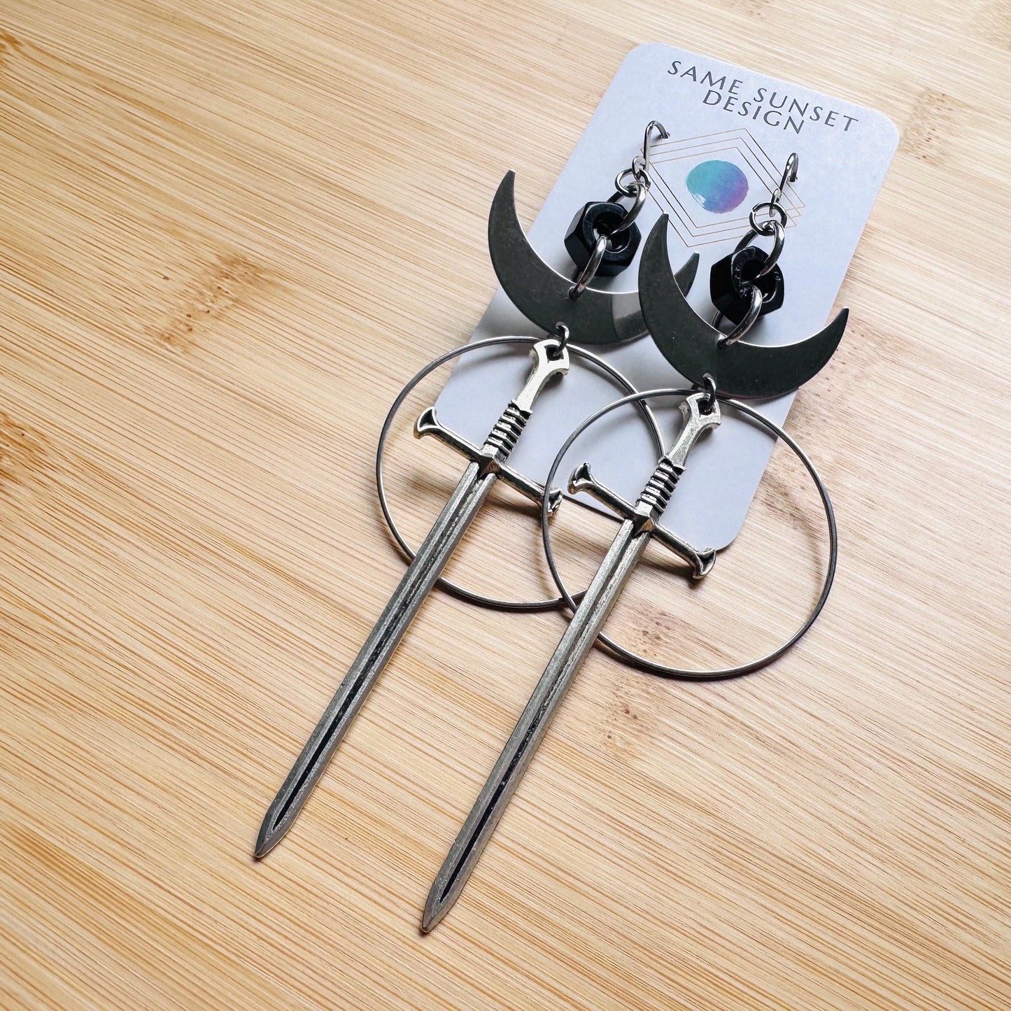 Sword Earrings, Goth Earrings, Moon Earrings Dangle, Punk Earrings, Silver Hoop Earrings, Whimsigoth Earrings, Industrial Earrings