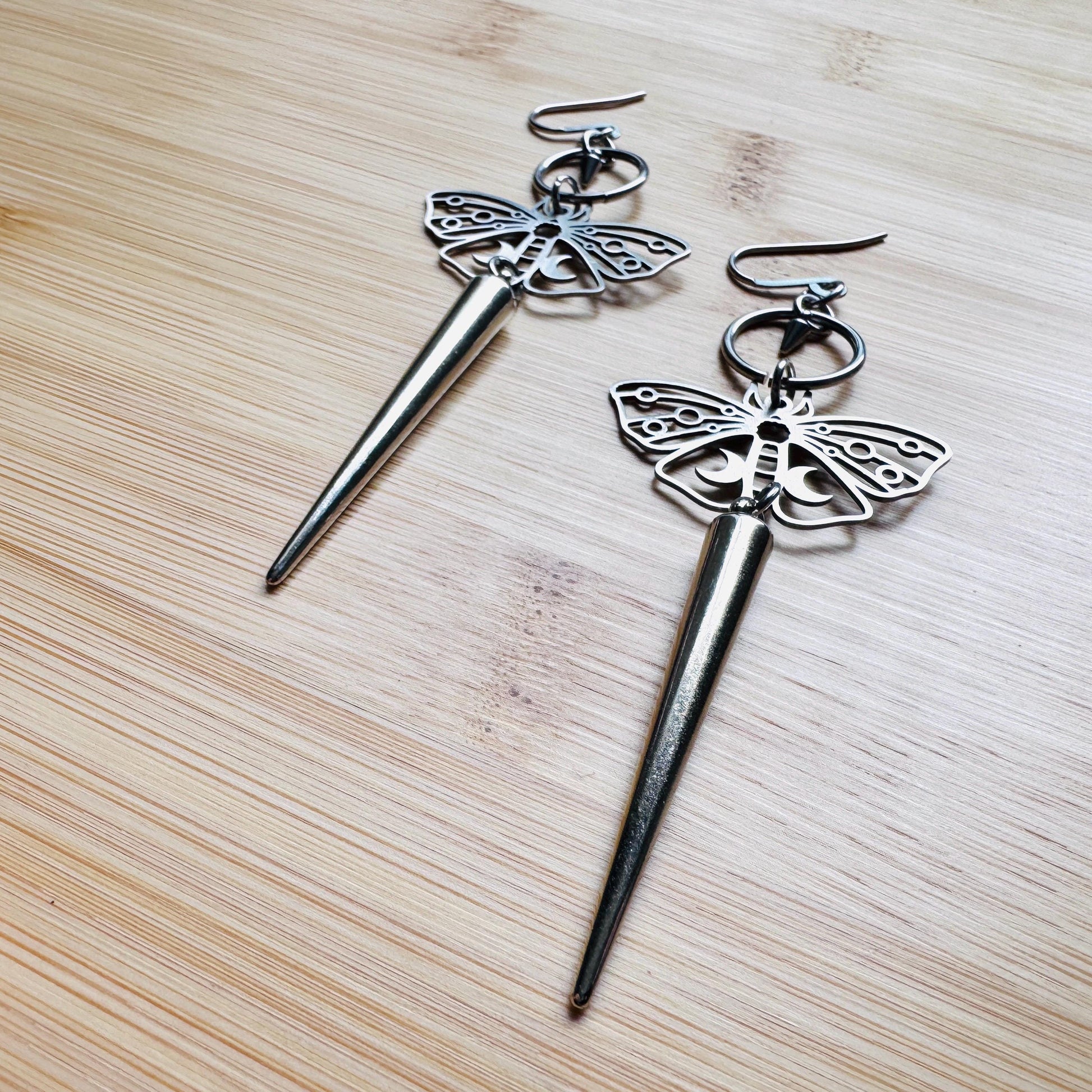 Moth Earrings, Spike Earrings Silver, Goth Jewelry, Witchy Earrings Dangle, Boho Earrings Handmade, Unique Birhday Gift for Best Friend