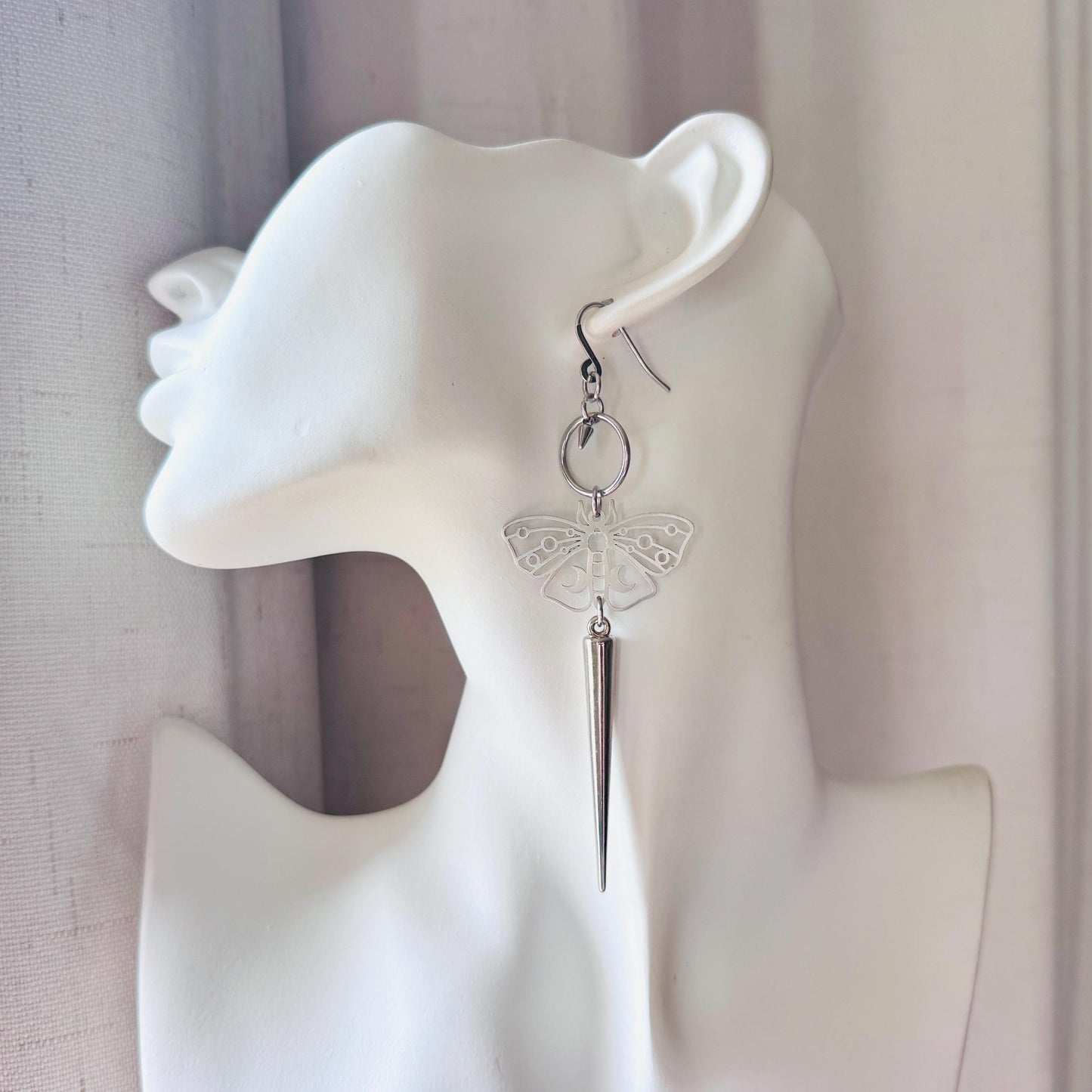 Moth Earrings, Spike Earrings Silver, Goth Jewelry, Witchy Earrings Dangle, Boho Earrings Handmade, Unique Birhday Gift for Best Friend