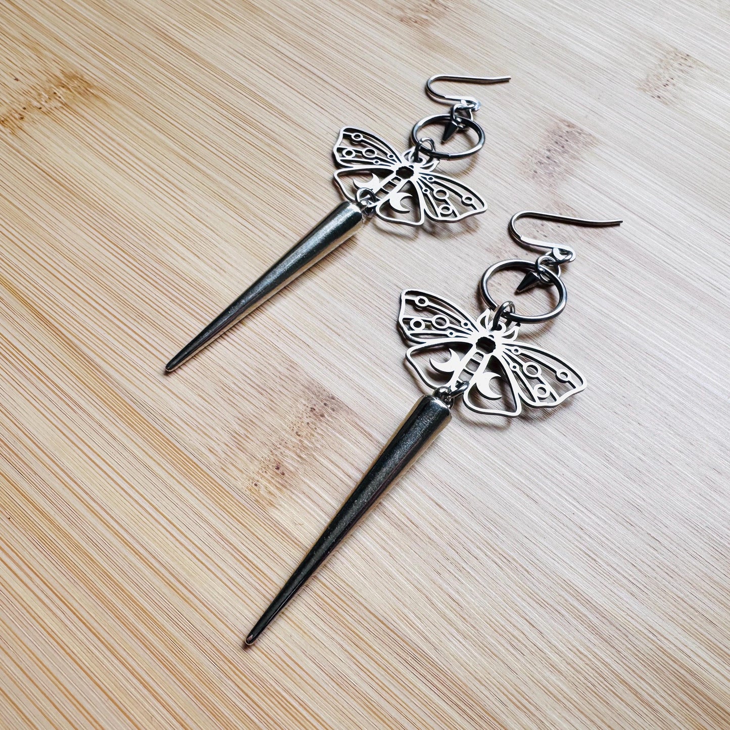 Moth Earrings, Spike Earrings Silver, Goth Jewelry, Witchy Earrings Dangle, Boho Earrings Handmade, Unique Birhday Gift for Best Friend