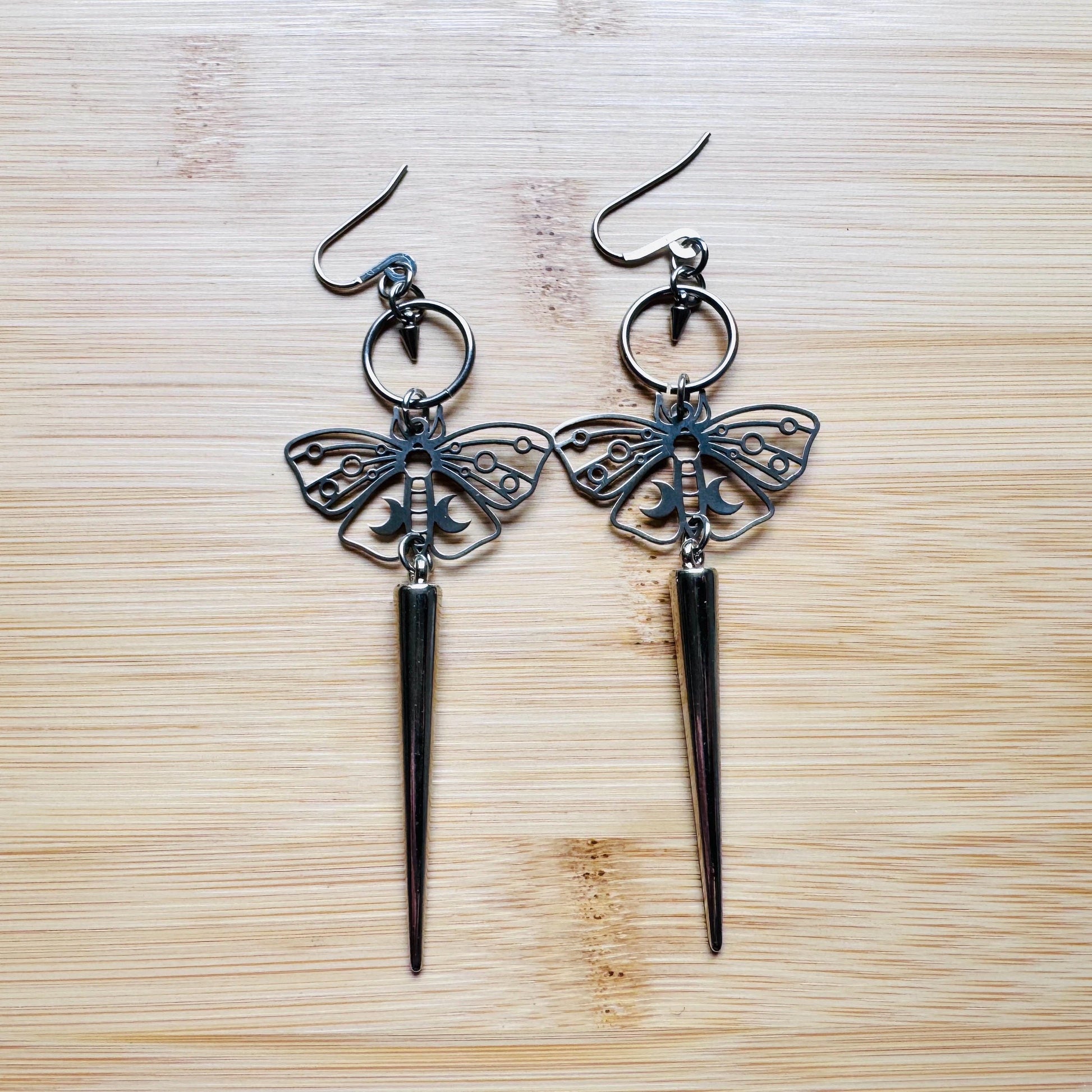 Moth Earrings, Spike Earrings Silver, Goth Jewelry, Witchy Earrings Dangle, Boho Earrings Handmade, Unique Birhday Gift for Best Friend