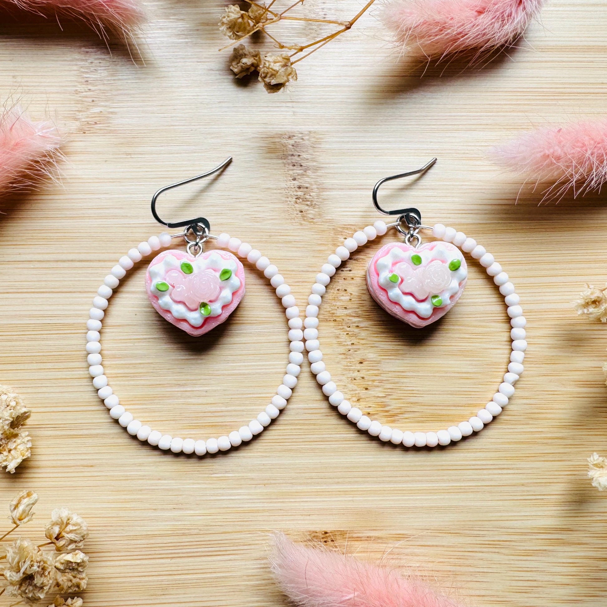 Cake Earrings Pink, Beaded Hoop Earrings, Cottagecore Jewelry, Kawaii Earrings, Food Earring Cute, Unique Birthday Gift for Best Friend