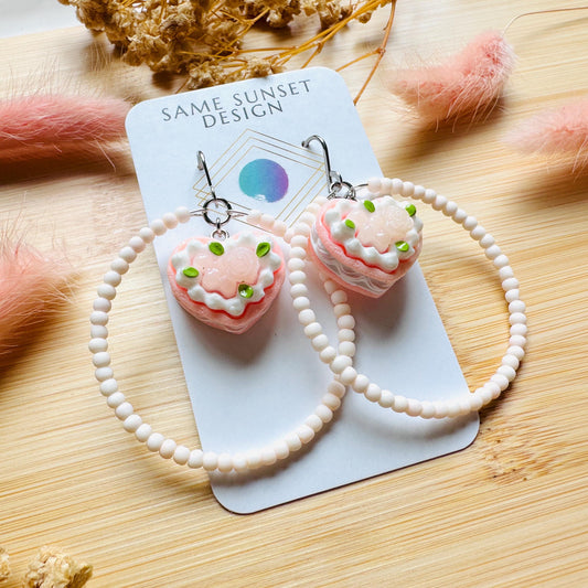 Cake Earrings Pink, Beaded Hoop Earrings, Cottagecore Jewelry, Kawaii Earrings, Food Earring Cute, Unique Birthday Gift for Best Friend