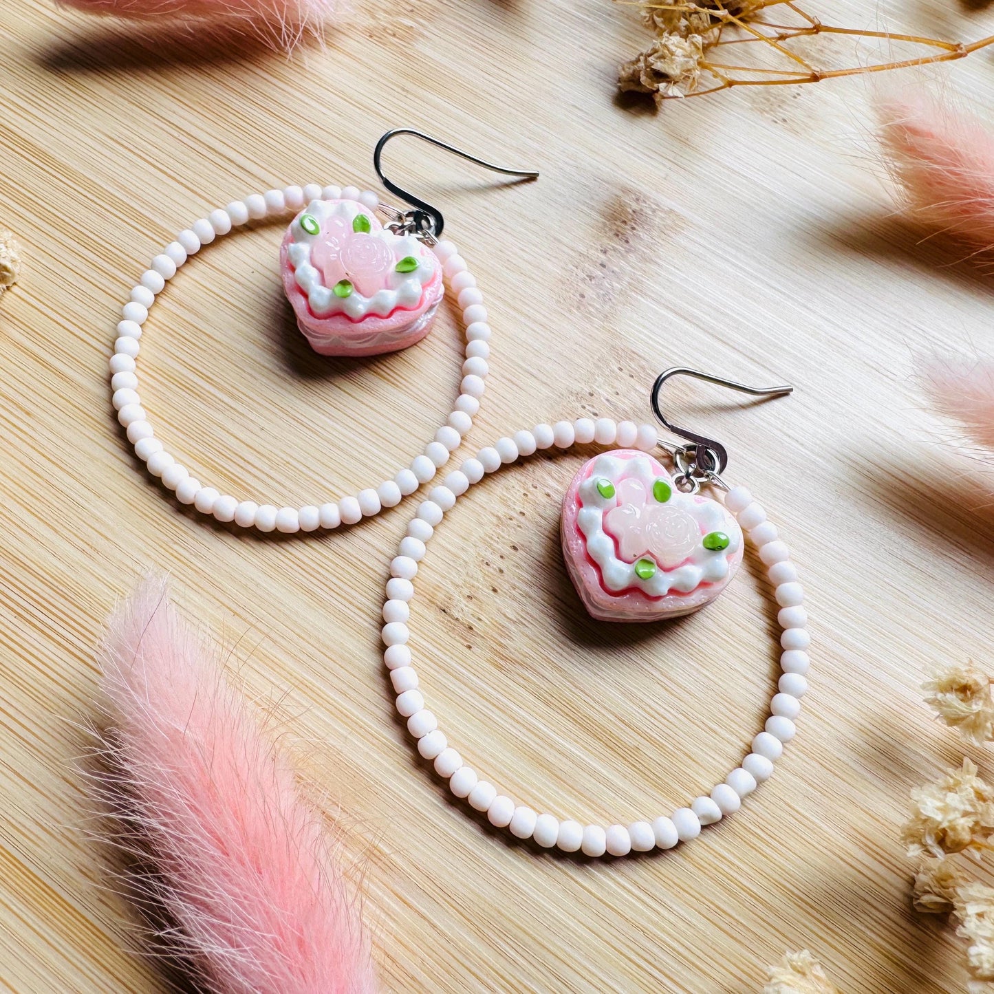 Cake Earrings Pink, Beaded Hoop Earrings, Cottagecore Jewelry, Kawaii Earrings, Food Earring Cute, Unique Birthday Gift for Best Friend