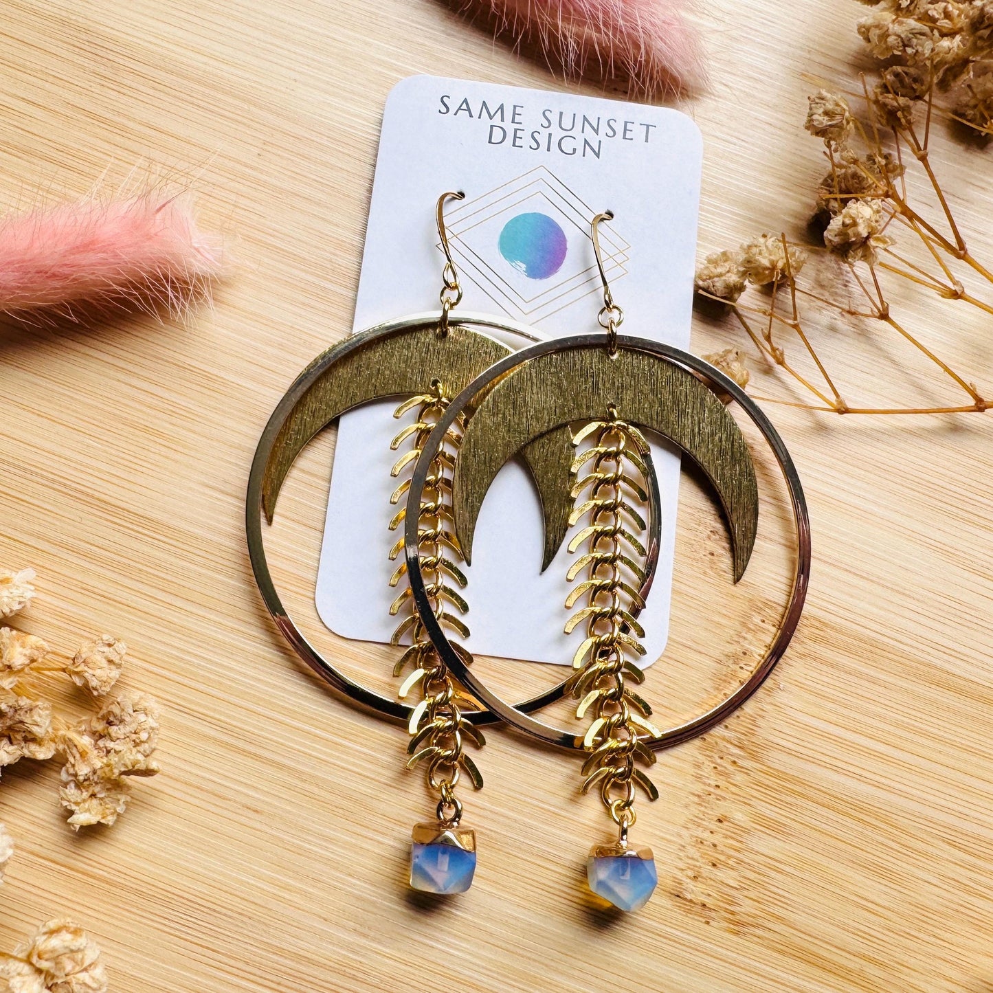 Brass Moon Earrings, Opalite Earrings, Geometric Brass Earrings, Big Hoops, Gold Hoop Earrings for Women, Unique Gifts for Daughter