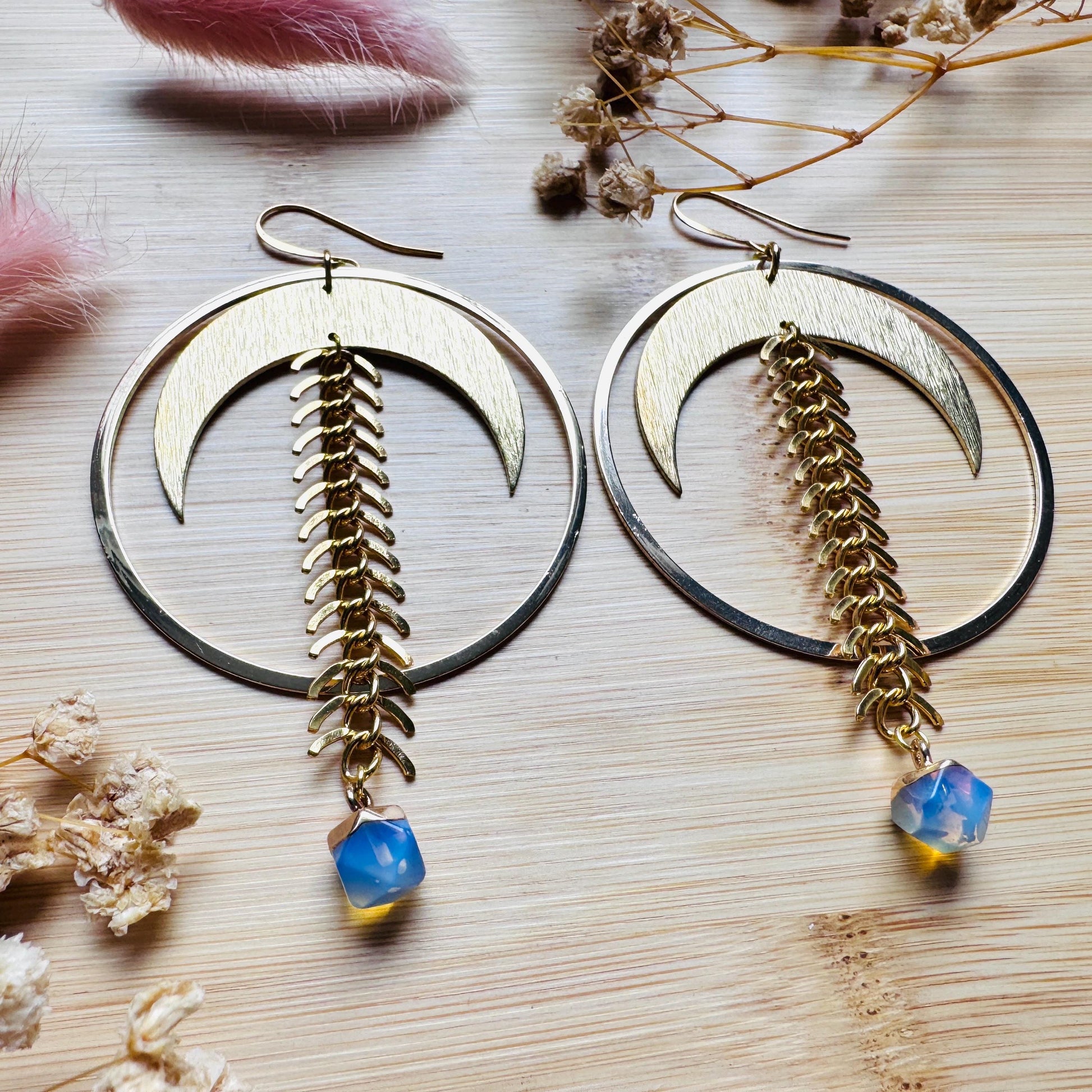Brass Moon Earrings, Opalite Earrings, Geometric Brass Earrings, Big Hoops, Gold Hoop Earrings for Women, Unique Gifts for Daughter
