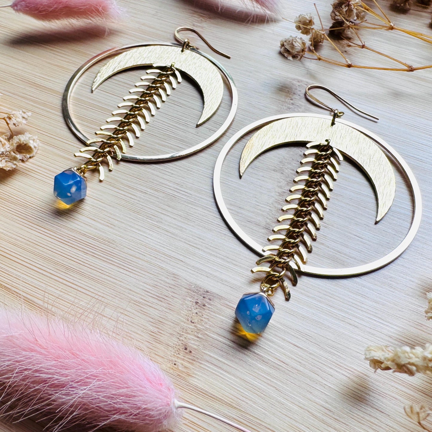 Brass Moon Earrings, Opalite Earrings, Geometric Brass Earrings, Big Hoops, Gold Hoop Earrings for Women, Unique Gifts for Daughter