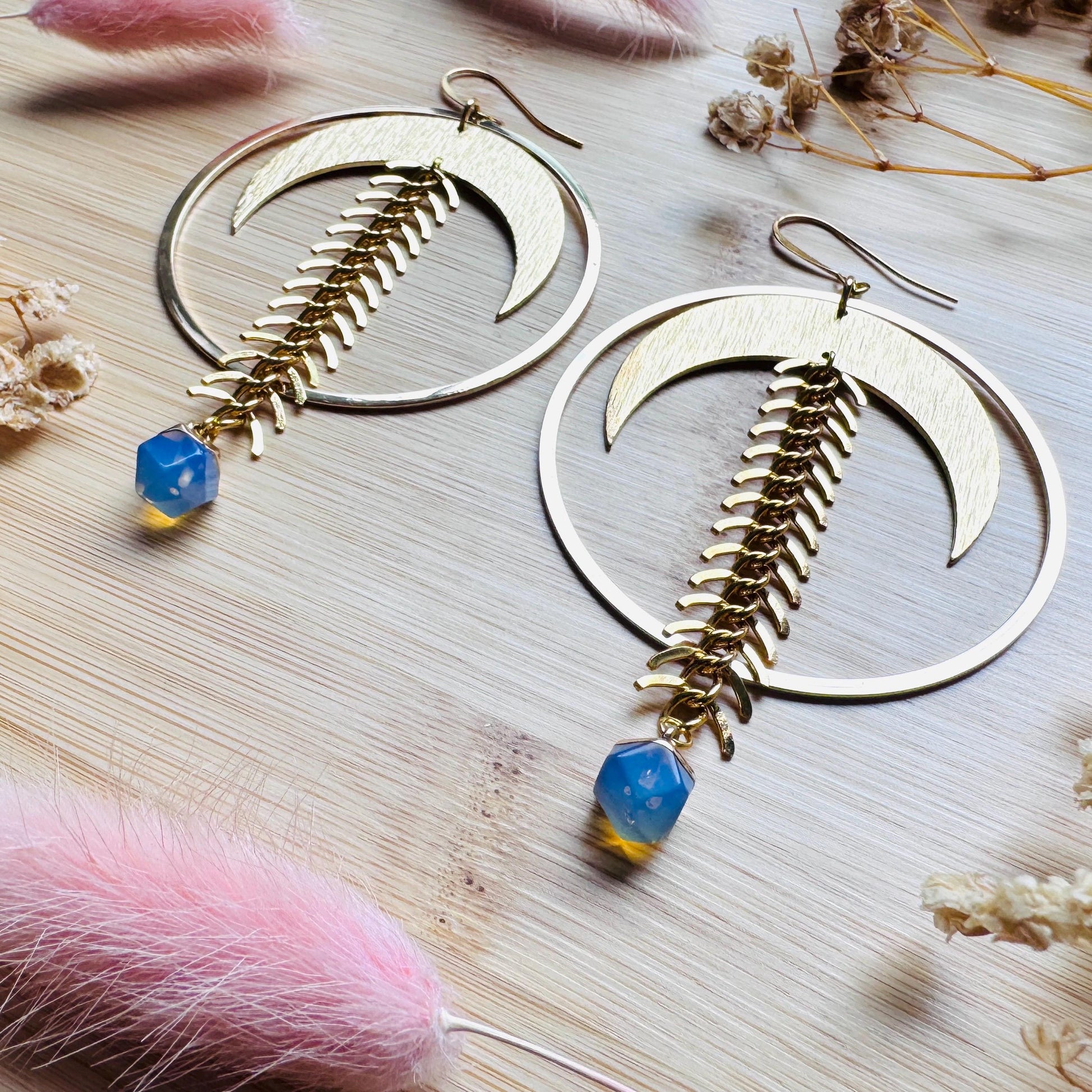 Brass Moon Earrings, Opalite Earrings, Geometric Brass Earrings, Big Hoops, Gold Hoop Earrings for Women, Unique Gifts for Daughter