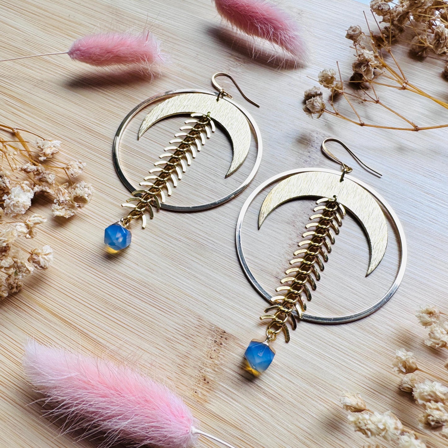 Brass Moon Earrings, Opalite Earrings, Geometric Brass Earrings, Big Hoops, Gold Hoop Earrings for Women, Unique Gifts for Daughter