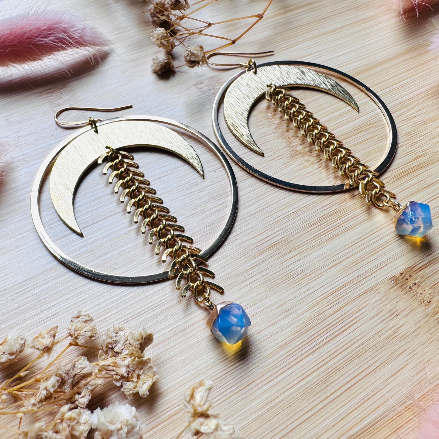 Brass Moon Earrings, Opalite Earrings, Geometric Brass Earrings, Big Hoops, Gold Hoop Earrings for Women, Unique Gifts for Daughter