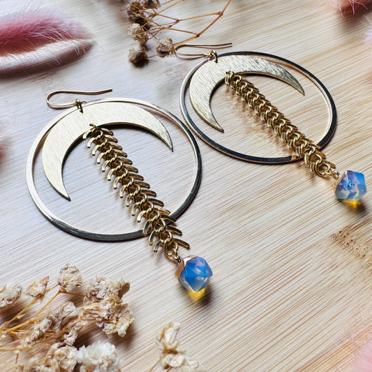 Brass Moon Earrings, Opalite Earrings, Geometric Brass Earrings, Big Hoops, Gold Hoop Earrings for Women, Unique Gifts for Daughter