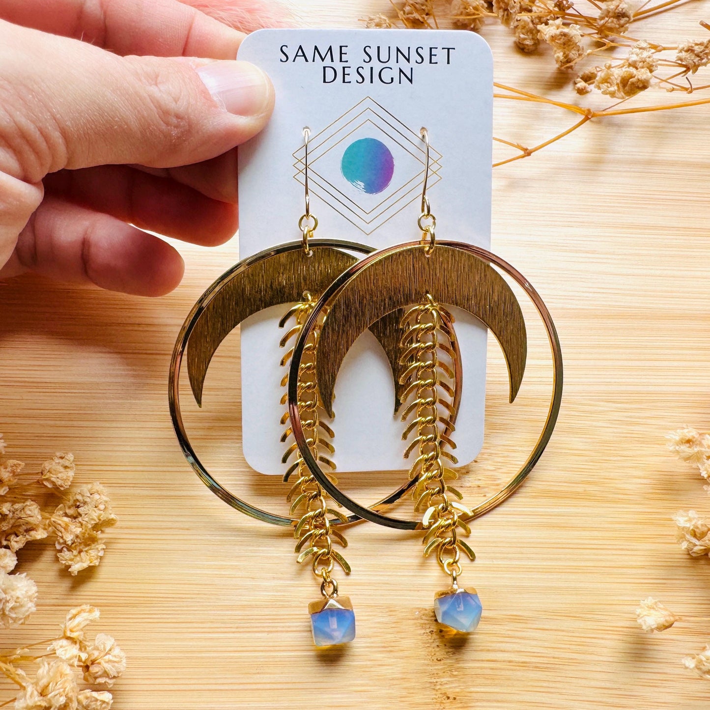Brass Moon Earrings, Opalite Earrings, Geometric Brass Earrings, Big Hoops, Gold Hoop Earrings for Women, Unique Gifts for Daughter