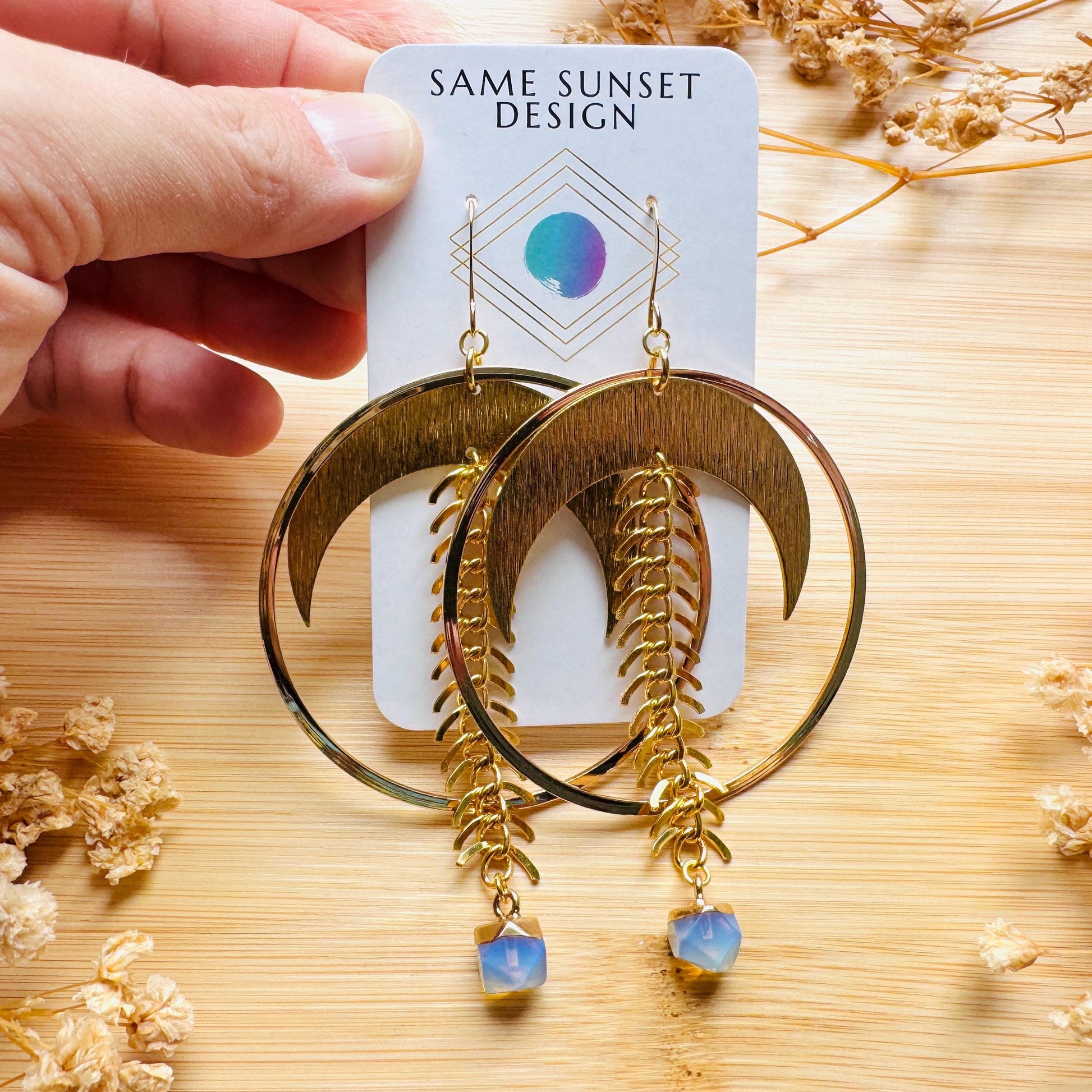 Brass Moon Earrings, Opalite Earrings, Geometric Brass Earrings, Big Hoops, Gold Hoop Earrings for Women, Unique Gifts for Daughter