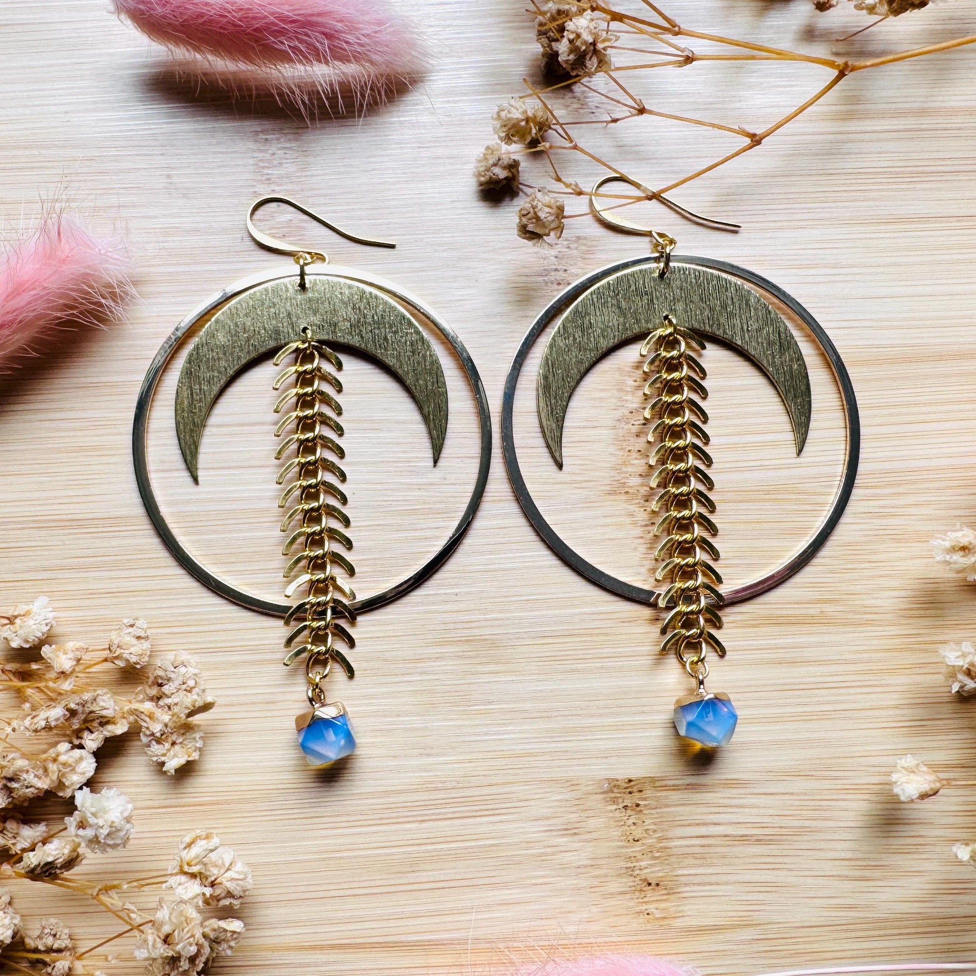 Brass Moon Earrings, Opalite Earrings, Geometric Brass Earrings, Big Hoops, Gold Hoop Earrings for Women, Unique Gifts for Daughter
