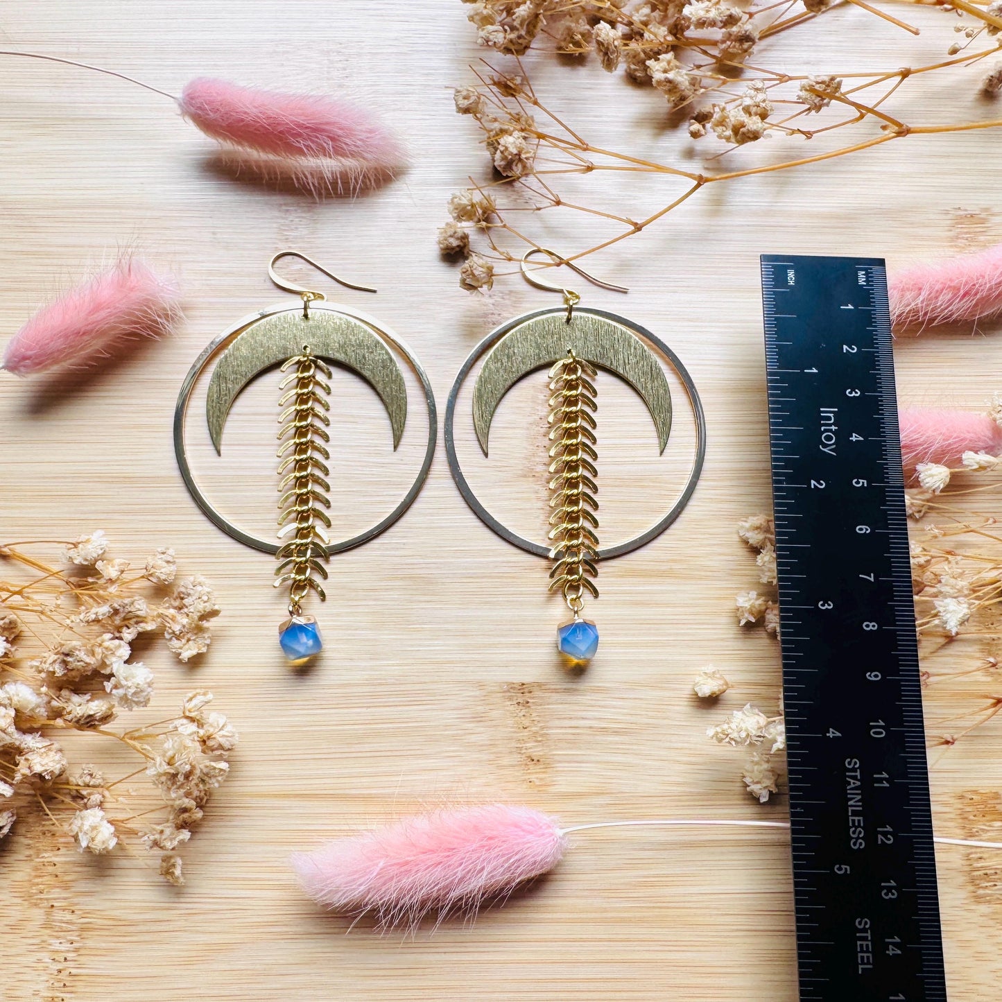 Brass Moon Earrings, Opalite Earrings, Geometric Brass Earrings, Big Hoops, Gold Hoop Earrings for Women, Unique Gifts for Daughter
