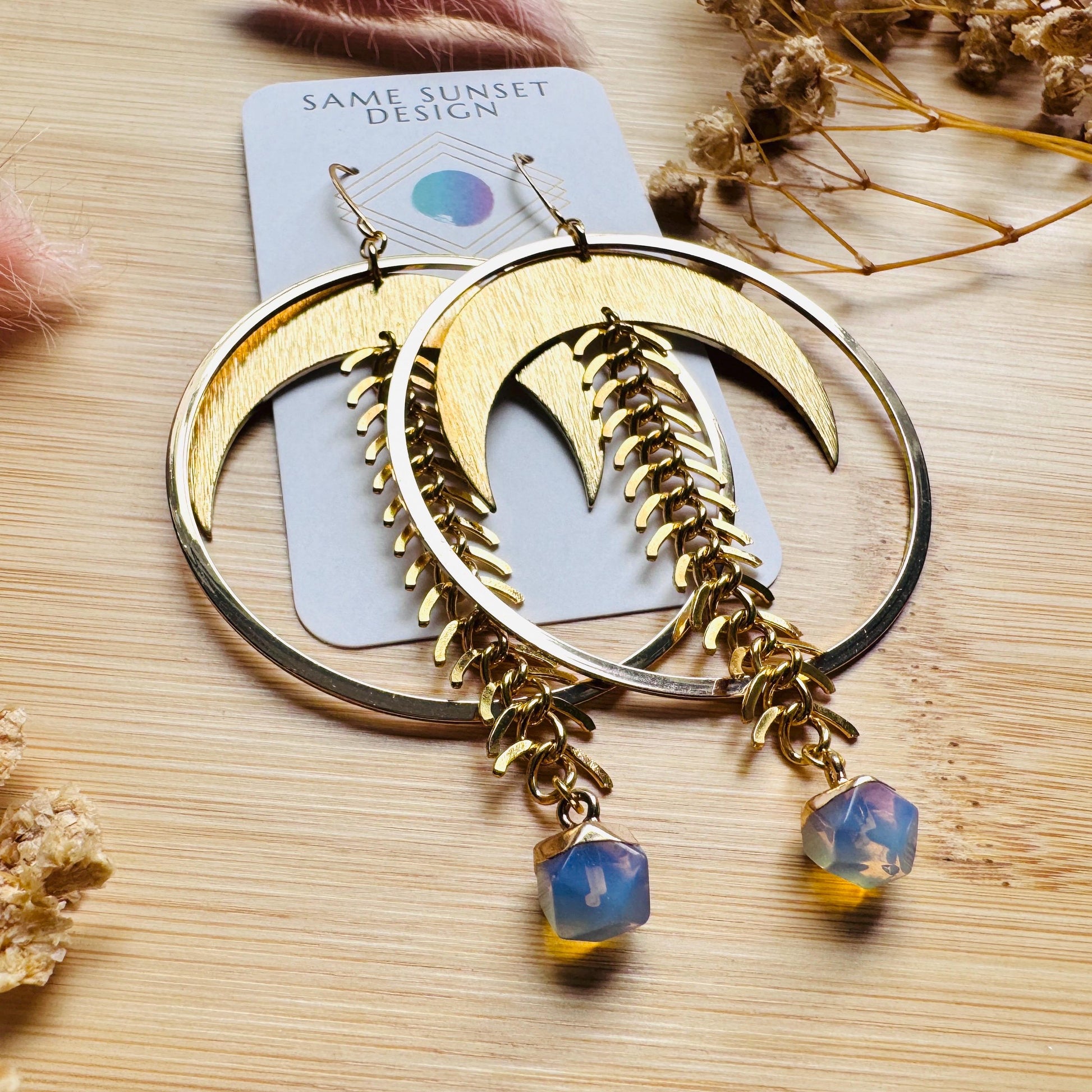 Brass Moon Earrings, Opalite Earrings, Geometric Brass Earrings, Big Hoops, Gold Hoop Earrings for Women, Unique Gifts for Daughter
