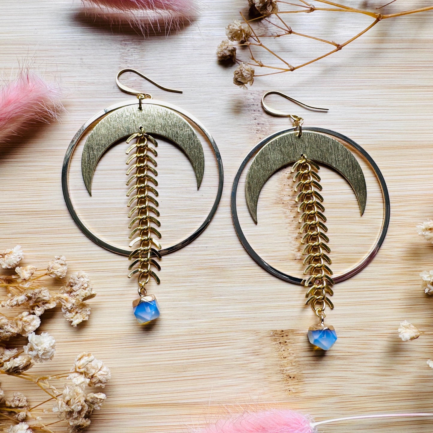 Brass Moon Earrings, Opalite Earrings, Geometric Brass Earrings, Big Hoops, Gold Hoop Earrings for Women, Unique Gifts for Daughter