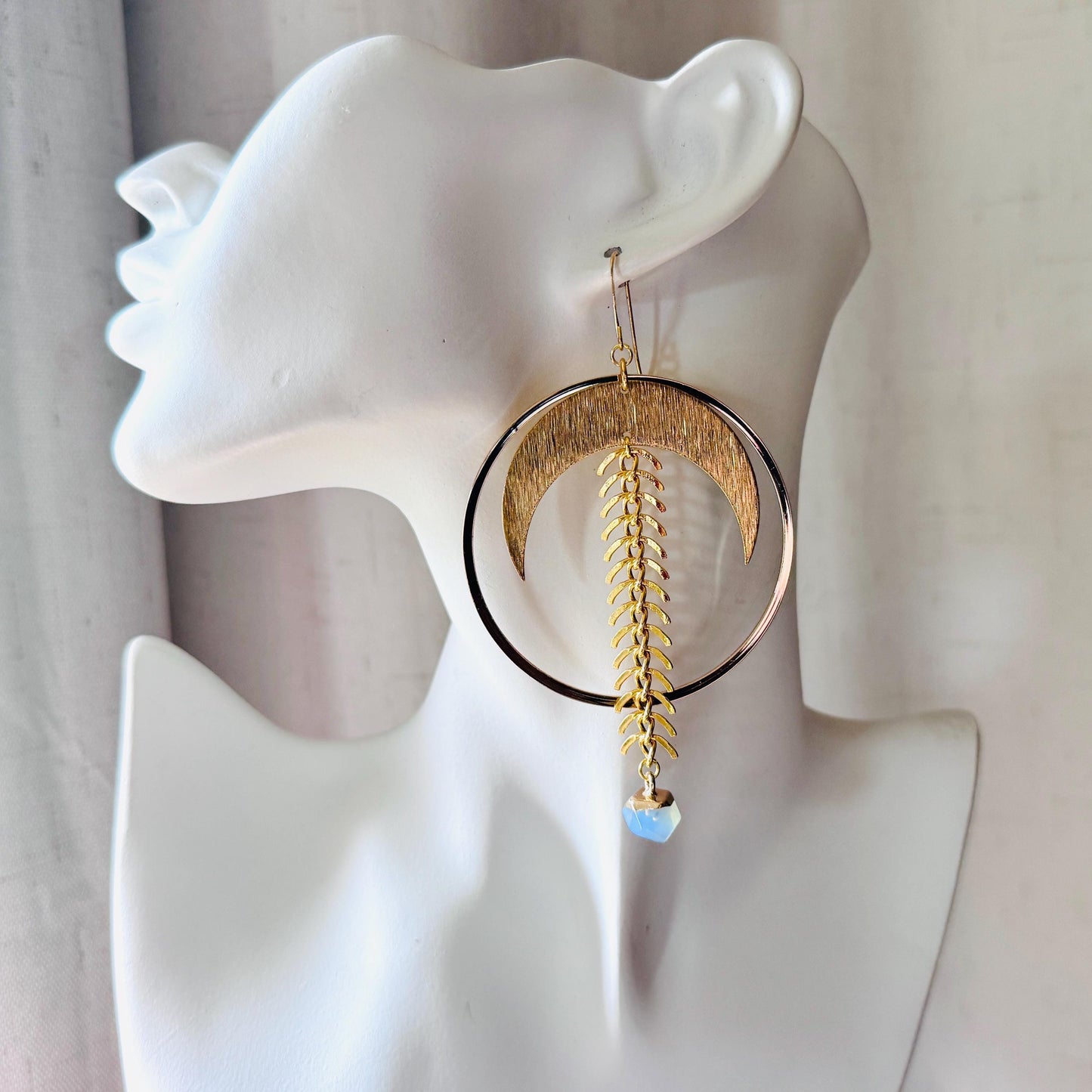 Brass Moon Earrings, Opalite Earrings, Geometric Brass Earrings, Big Hoops, Gold Hoop Earrings for Women, Unique Gifts for Daughter