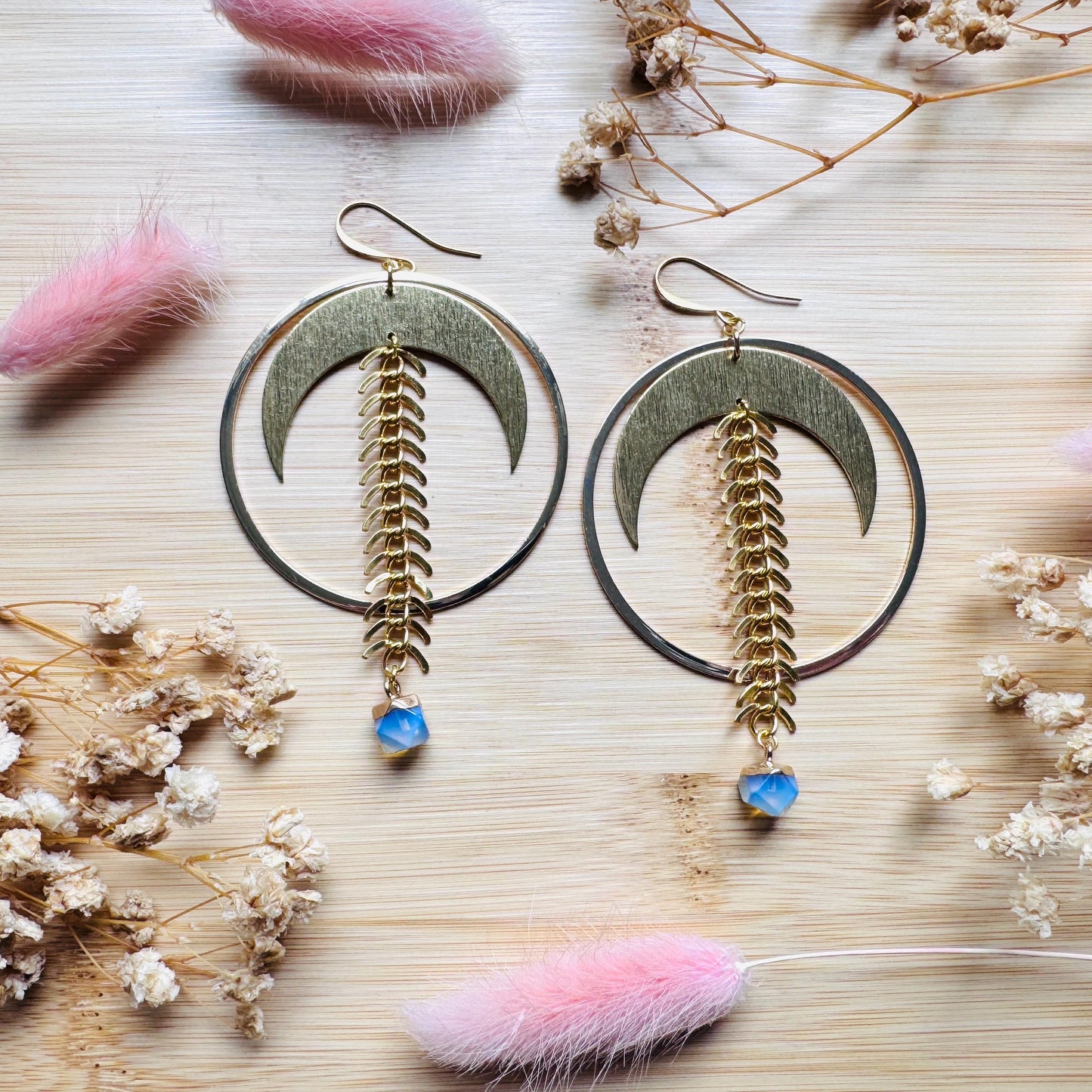 Brass Moon Earrings, Opalite Earrings, Geometric Brass Earrings, Big Hoops, Gold Hoop Earrings for Women, Unique Gifts for Daughter