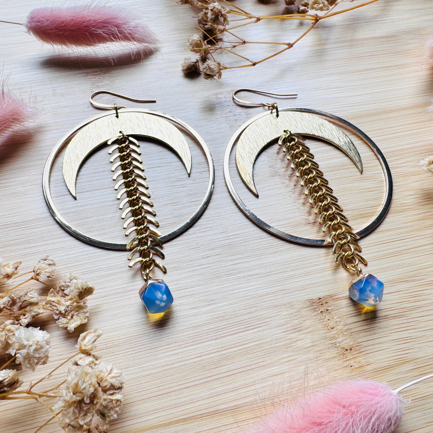 Brass Moon Earrings, Opalite Earrings, Geometric Brass Earrings, Big Hoops, Gold Hoop Earrings for Women, Unique Gifts for Daughter