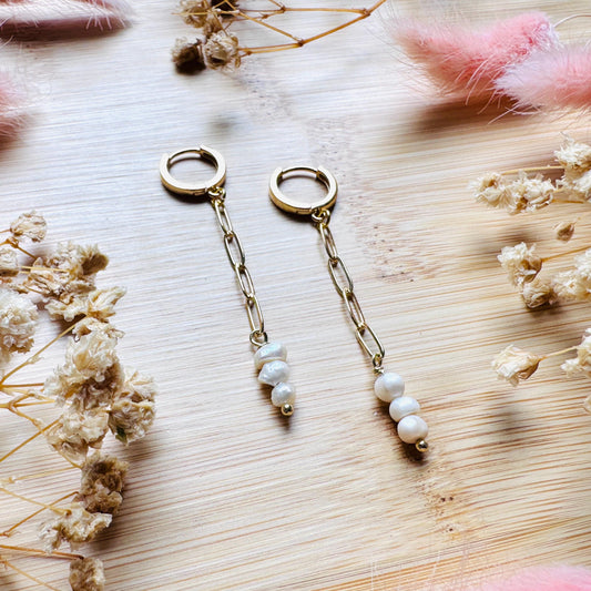 Pearl Earrings, Huggie Hoop Earrings, Geometric Brass Earrings, Best Friend Birthday Gift, Boho Earrings for Wedding, Sweet 16 Gift