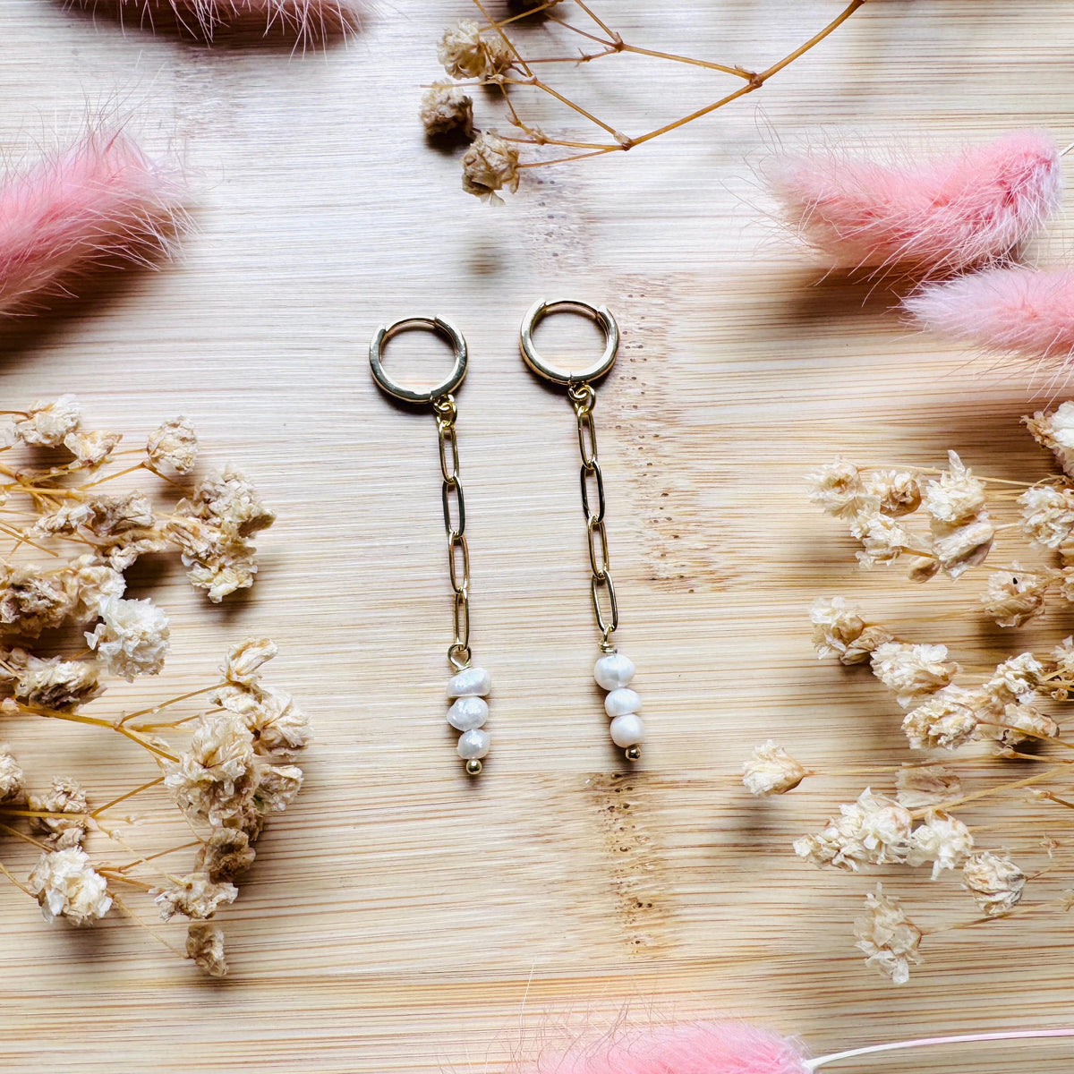 Pearl Earrings, Huggie Hoop Earrings, Geometric Brass Earrings, Best Friend Birthday Gift, Boho Earrings for Wedding, Sweet 16 Gift