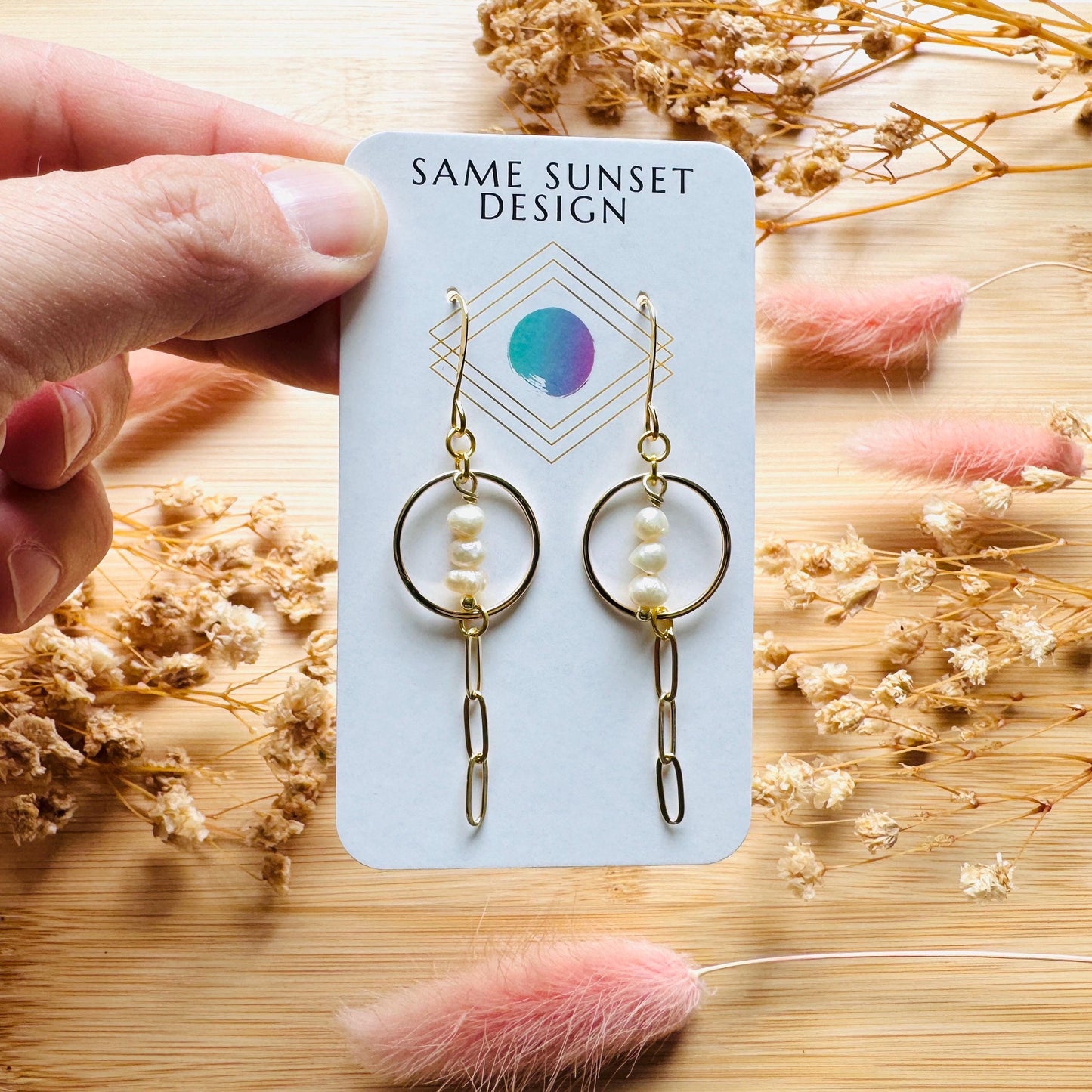 Pearl Earrings, Gold Hoop Earrings for Women, Geometric Brass Earrings, Best Friend Birthday Gift, Boho Earrings for Wedding, Sweet 16 Gift